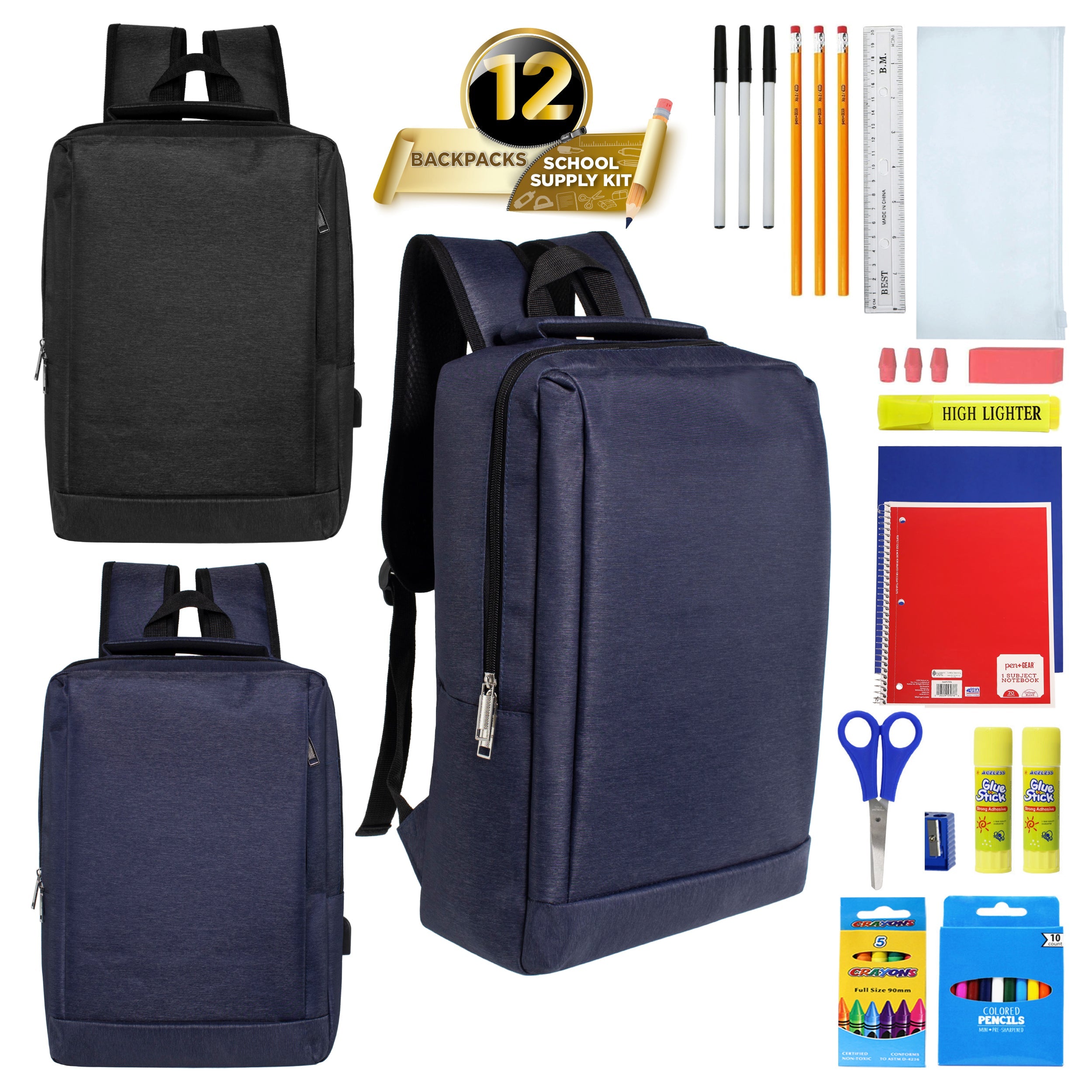 12 Wholesale 18" Premium Backpacks in Two Colors & 12 Bulk School Supply Kits of Your Choice