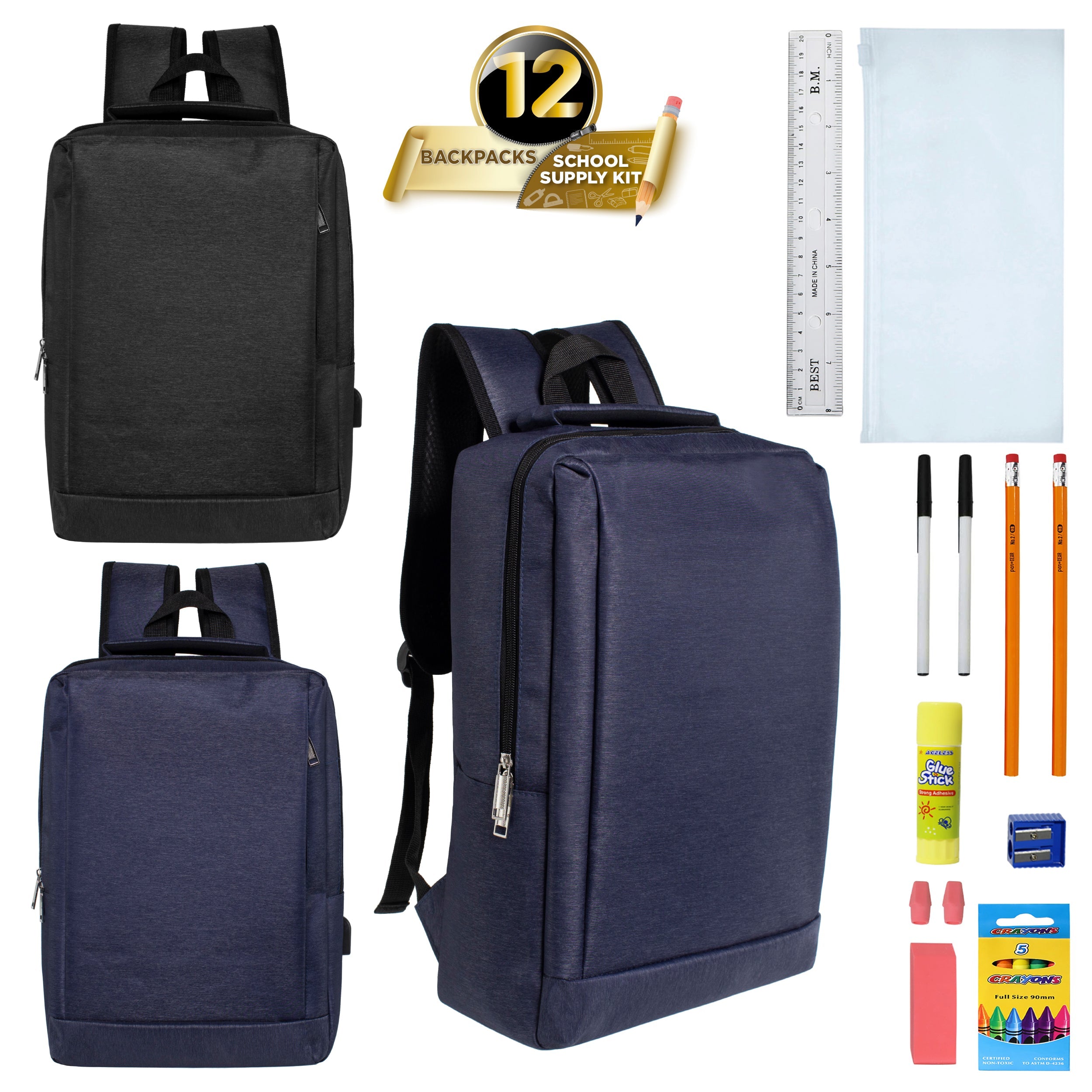 12 Wholesale 18" Premium Backpacks in Two Colors & 12 Bulk School Supply Kits of Your Choice