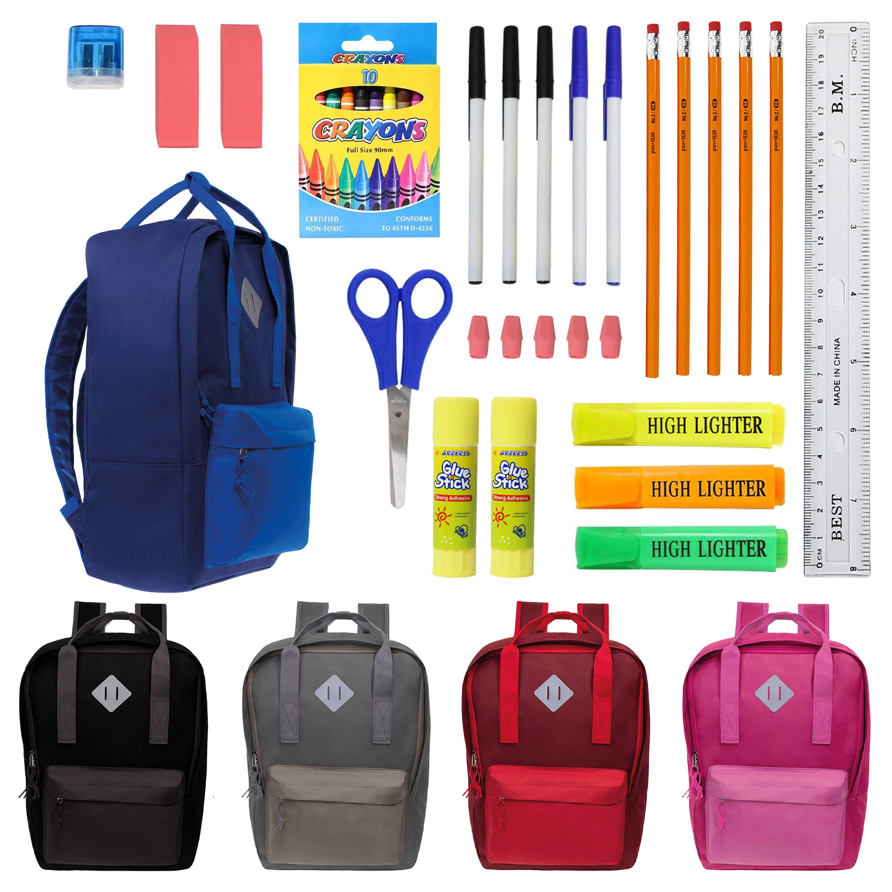 12 Multi Color Diamond Patch 17" Wholesale Backpacks and 12 Bulk School Supply Kits of Your Choice