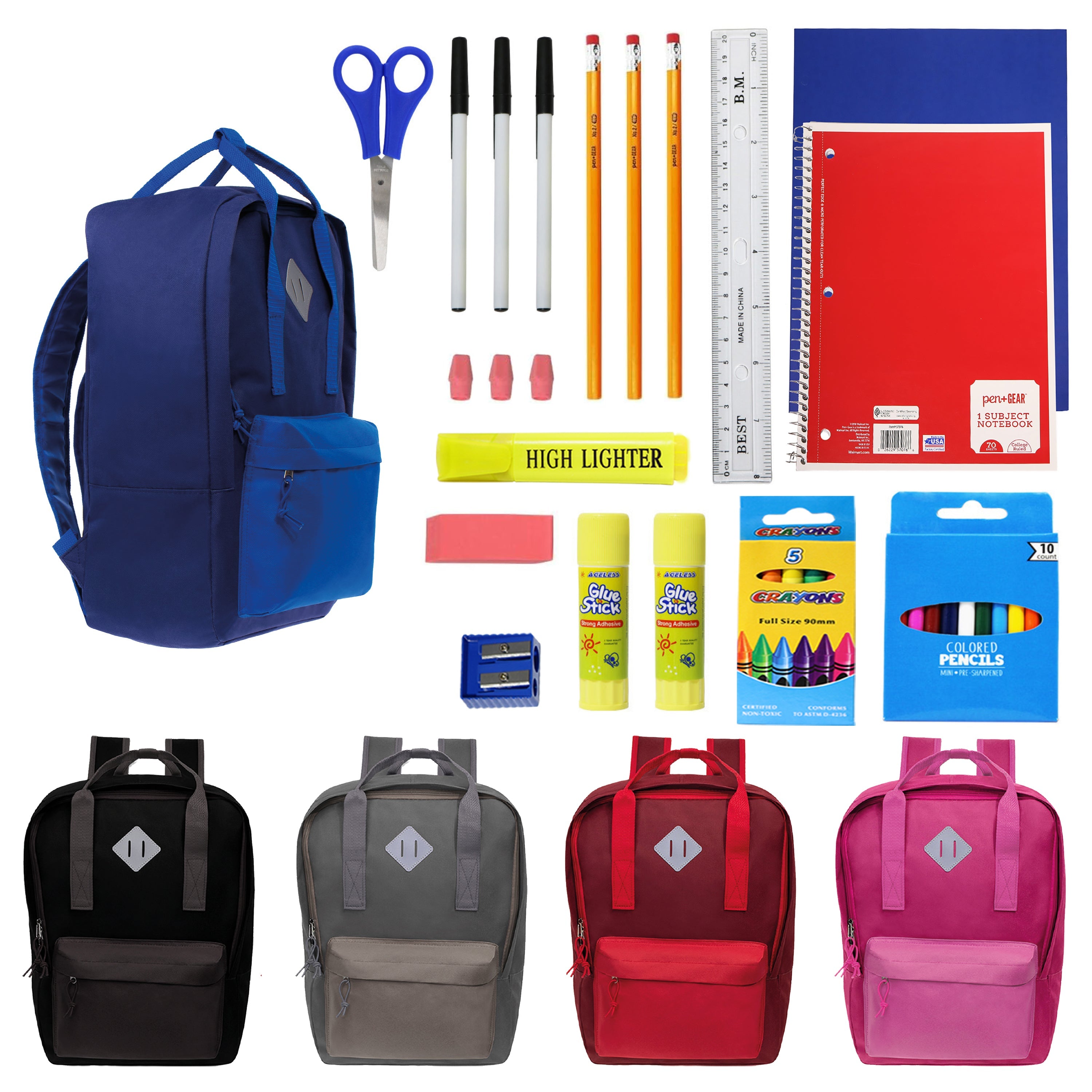 17 Inch Bulk Backpacks in Assorted Colors with School Supply Kits Wholesale - Case of 12