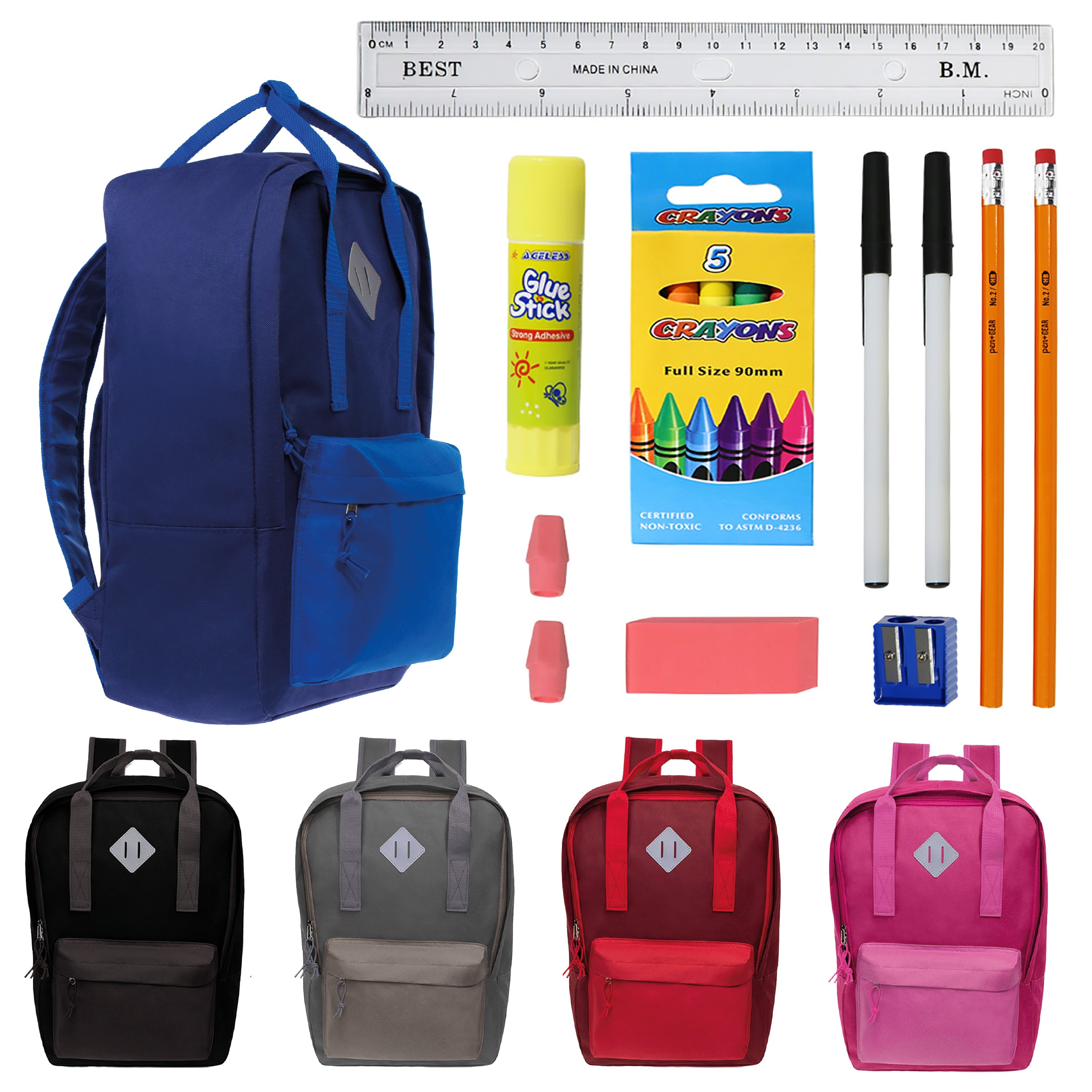 17 Inch Bulk Backpacks in Assorted Colors with School Supply Kits Wholesale - Case of 12