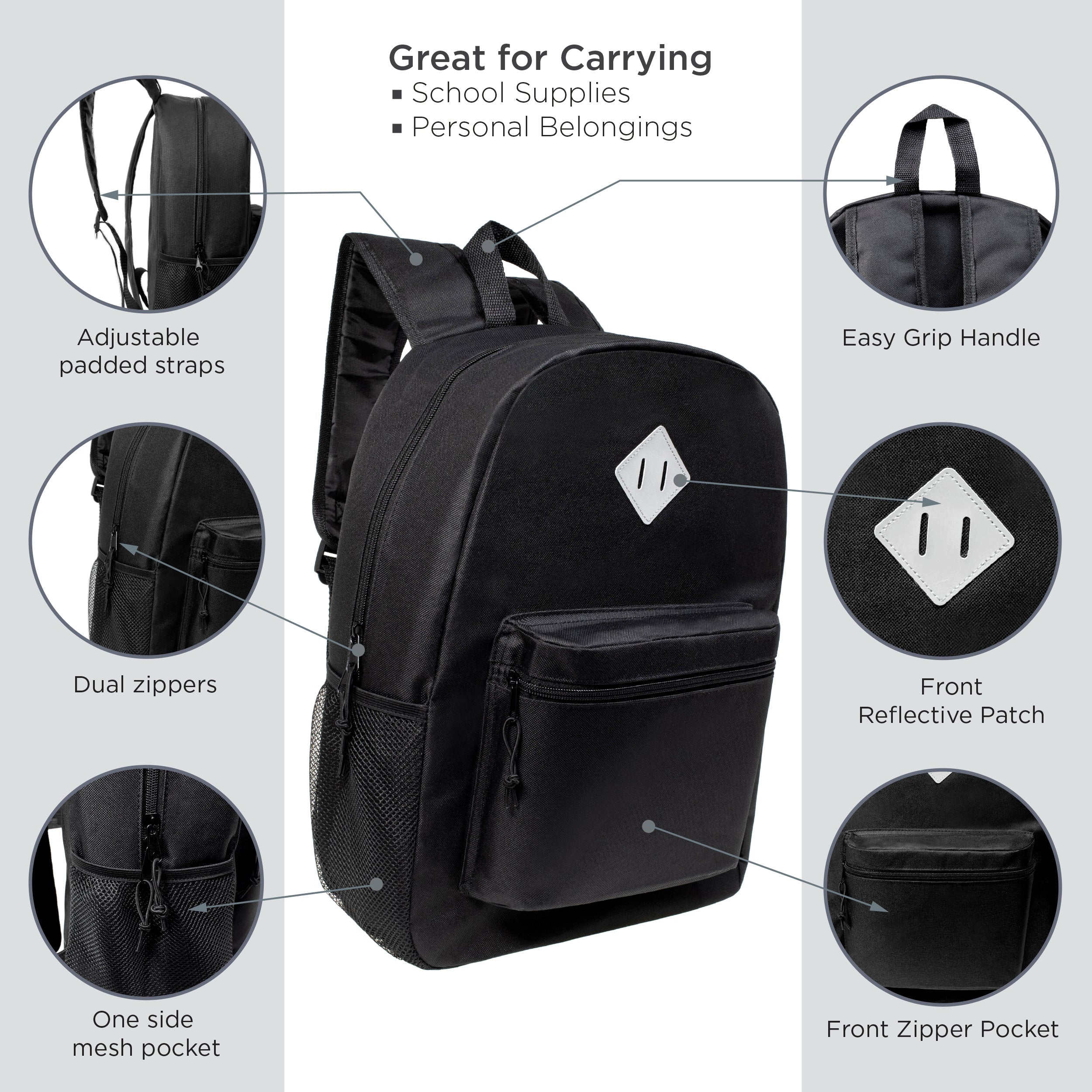 12 Black 17" Diamond Patch Backpacks & Your Choice of 12 Bulk Hygiene Kits - Wholesale Care Package: Homeless, Emergency, Charity