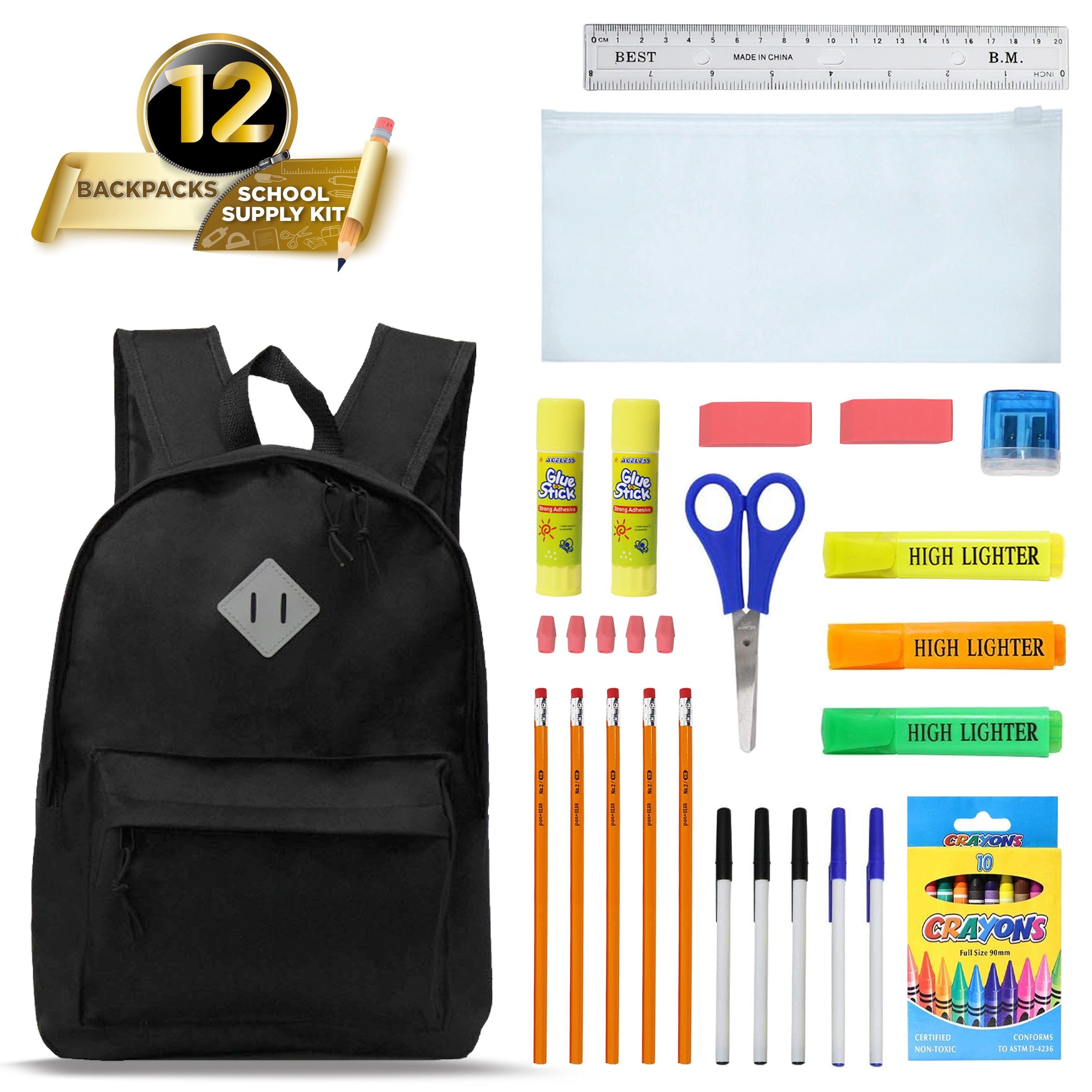 17 Inch Bulk Backpacks in Black with School Supply Kits Wholesale - Case of 12