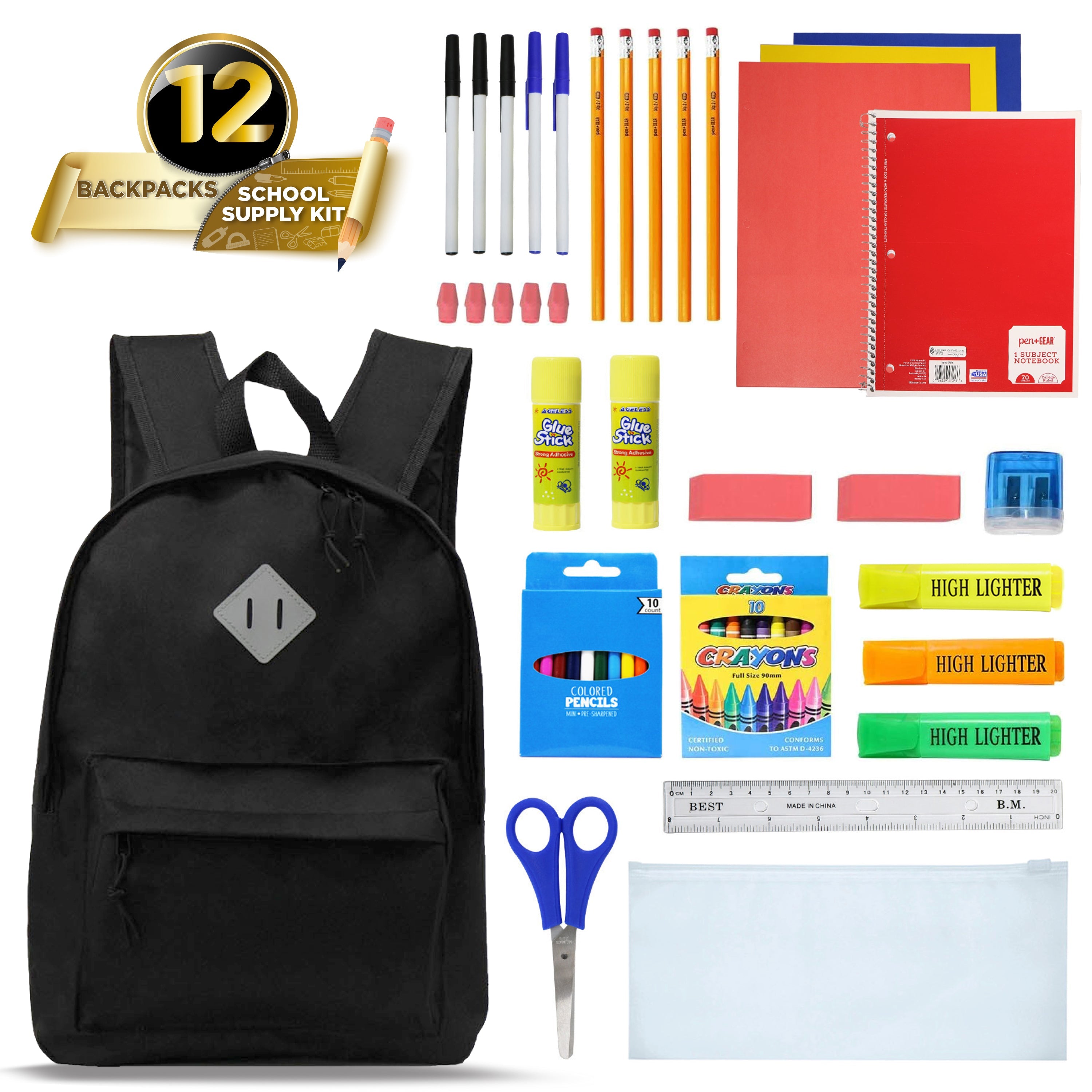 17 Inch Bulk Backpacks in Black with School Supply Kits Wholesale - Case of 12