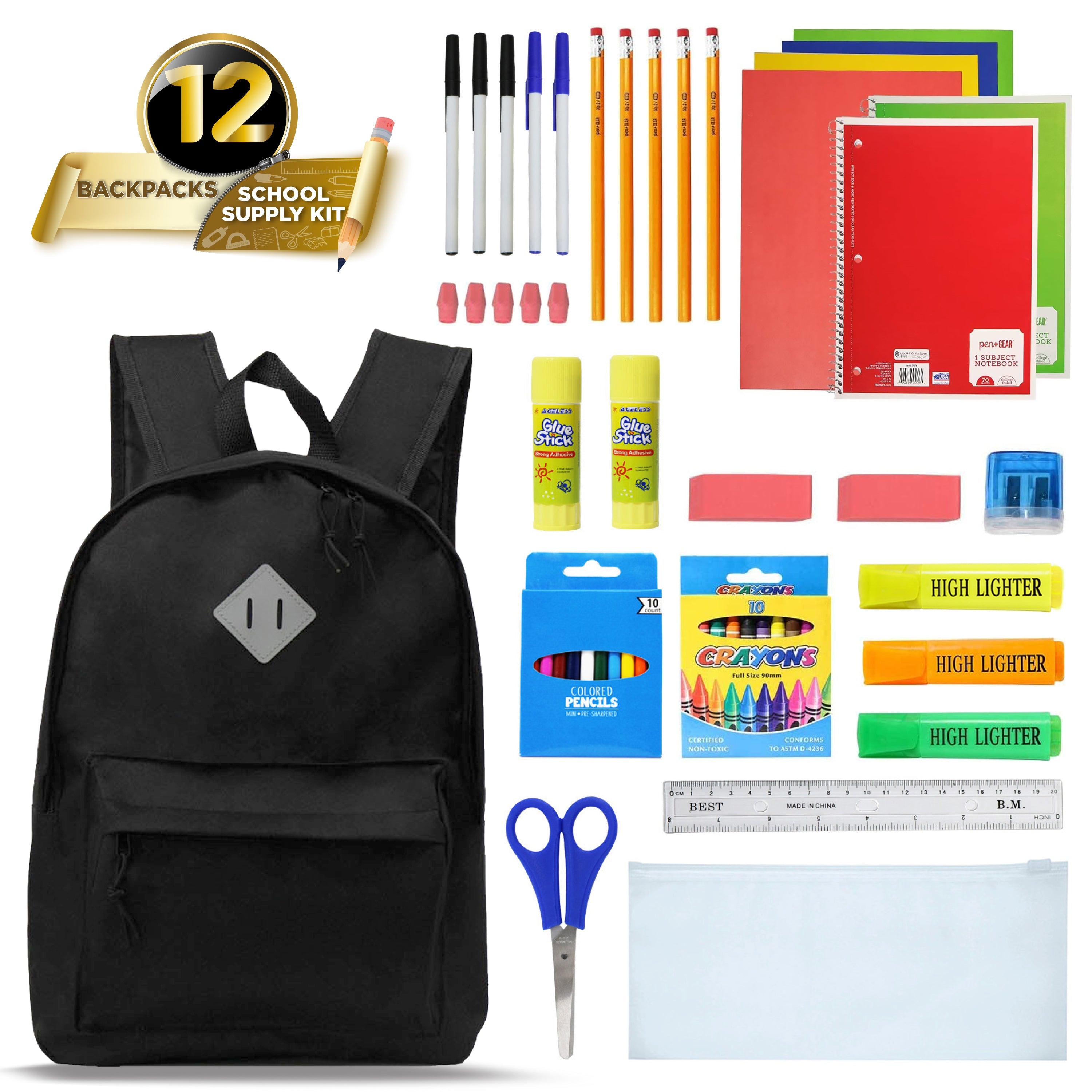 17 Inch Bulk Backpacks in Black with School Supply Kits Wholesale - Case of 12