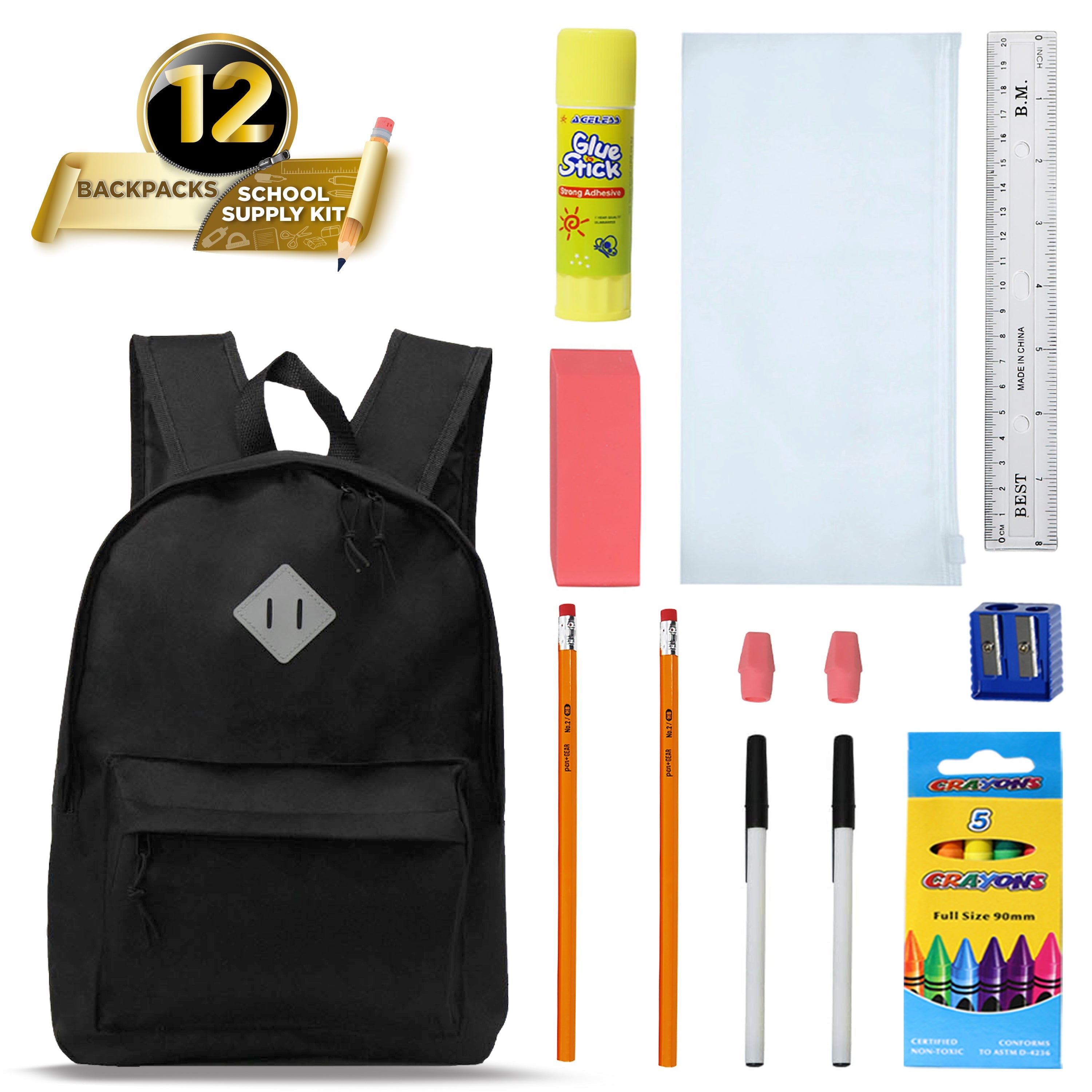 17 Inch Bulk Backpacks in Black with School Supply Kits Wholesale - Case of 12