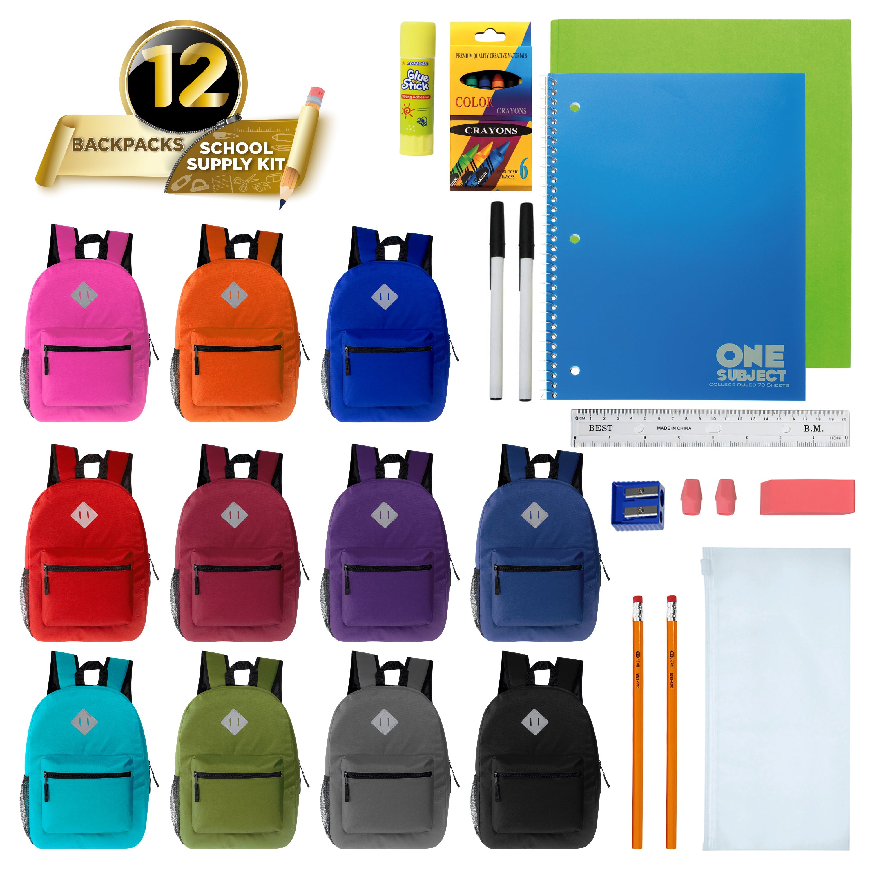 12 Wholesale 17" Diamond Patch Backpack in Assorted Colors & 12 Bulk School Supply Kits of Your Choice