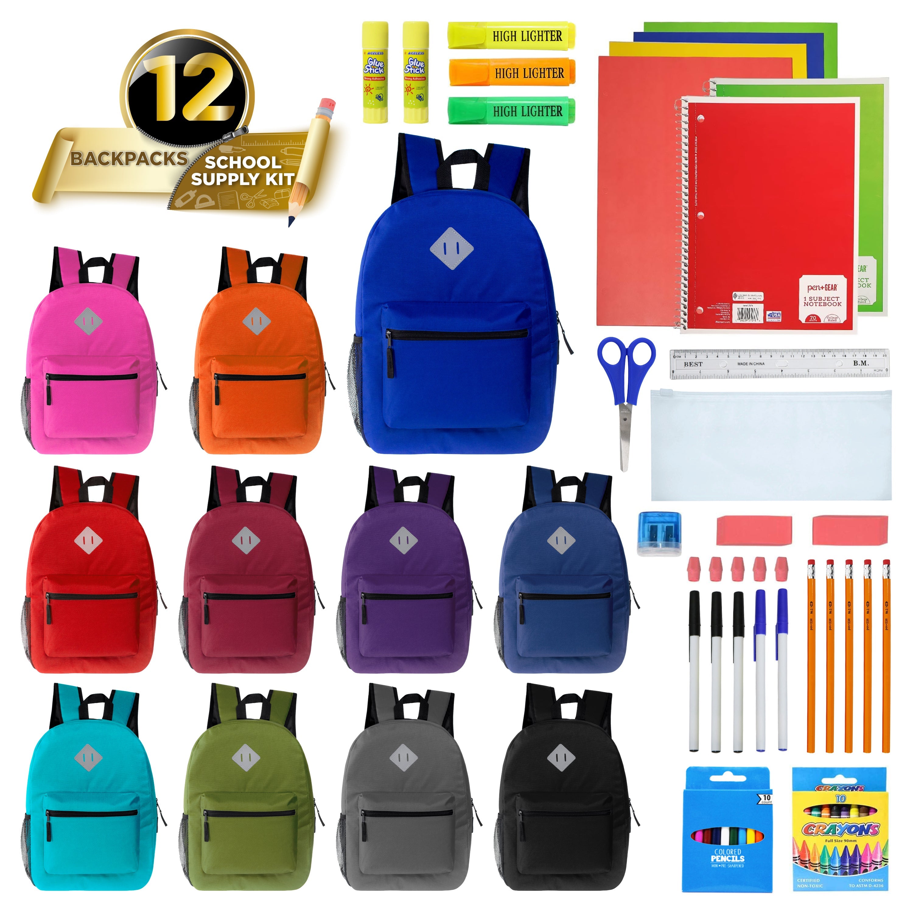 12 Wholesale 17" Diamond Patch Backpack in Assorted Colors & 12 Bulk School Supply Kits of Your Choice