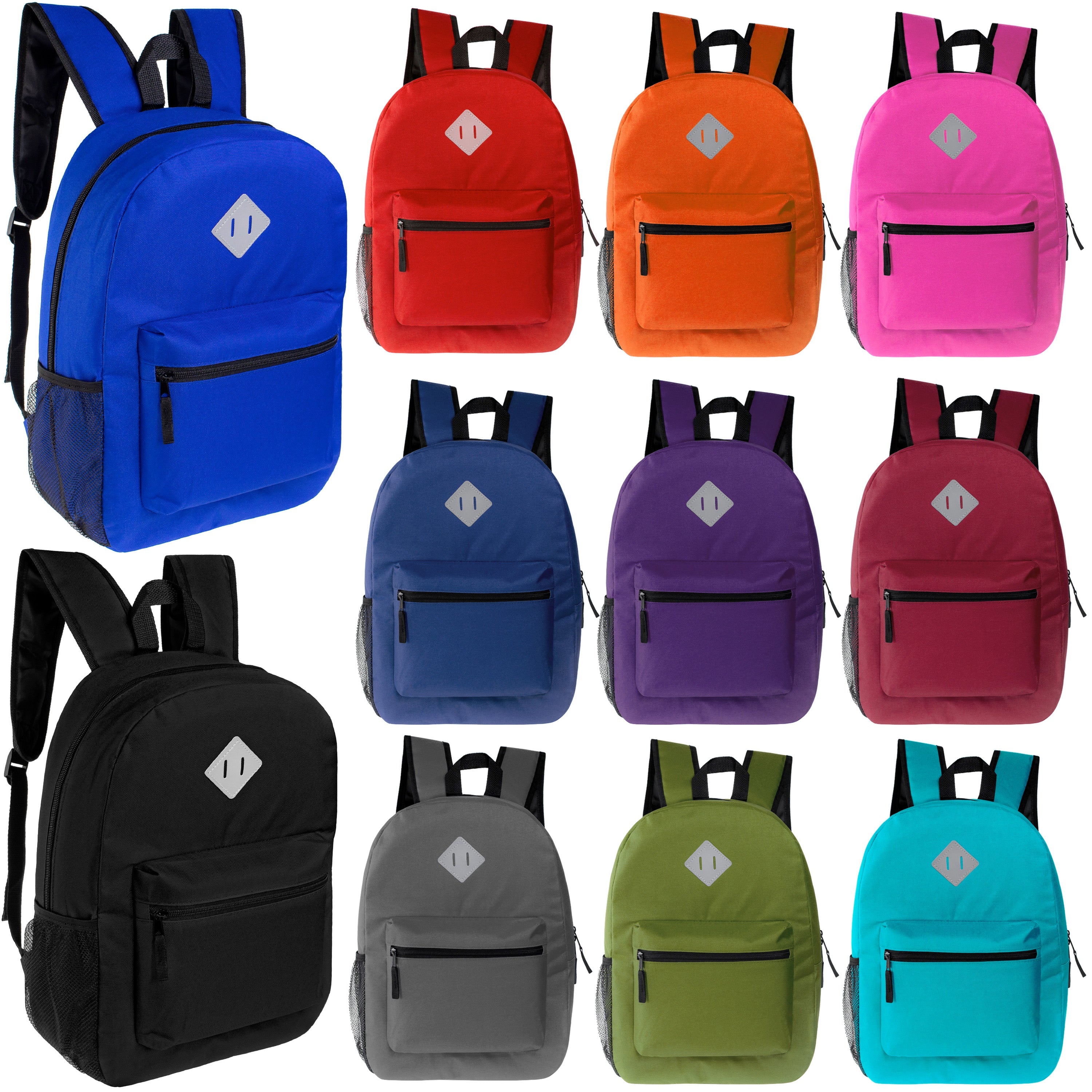 17" Wholesale Diamond Patch Backpack in 11 Assorted Colors - Bulk Case of 24 Bookbags