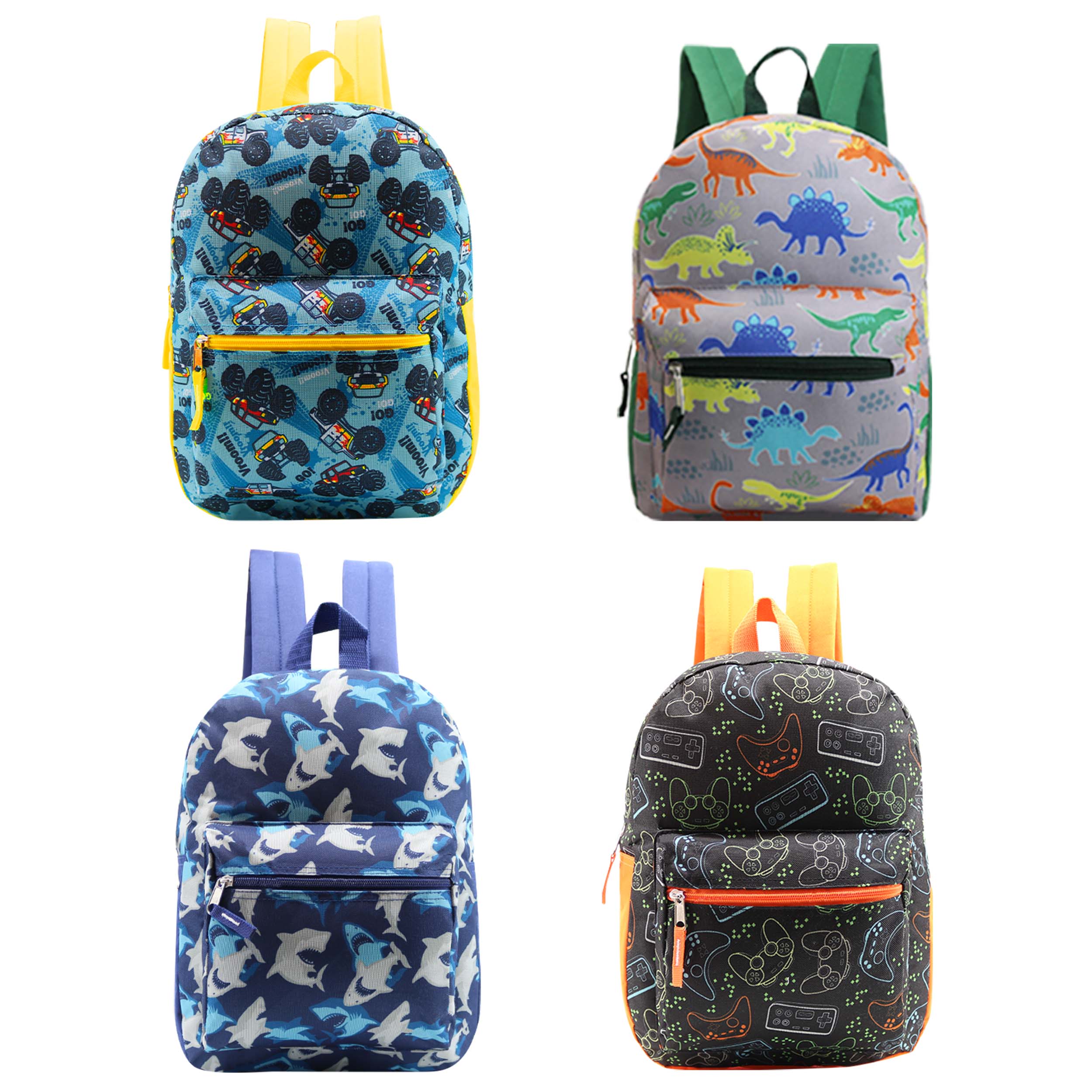 12 Wholesale 15" Printed Kids Backpacks & 12 Bulk School Supply Kits of Your Choice