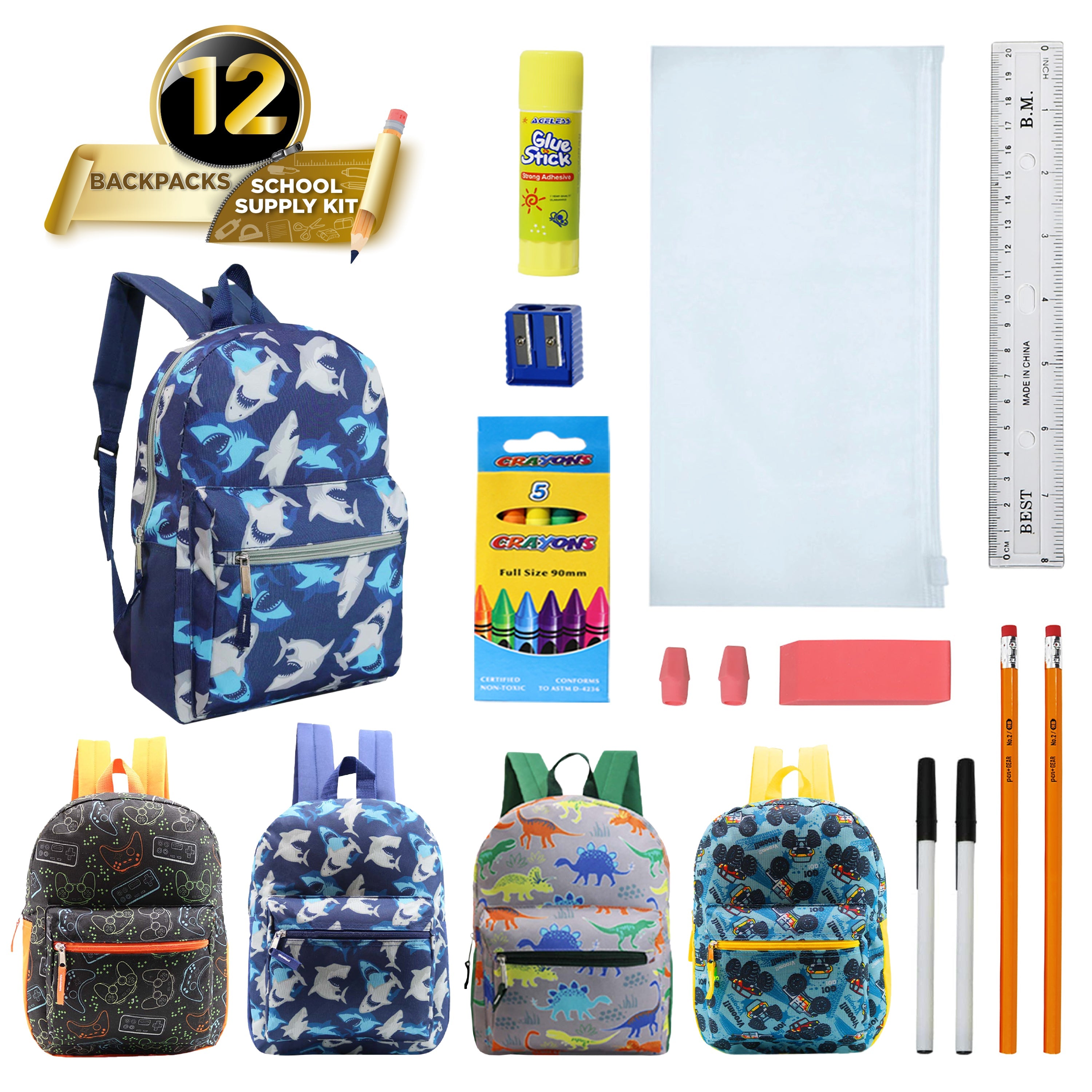 12 Wholesale 15" Printed Kids Backpacks & 12 Bulk School Supply Kits of Your Choice