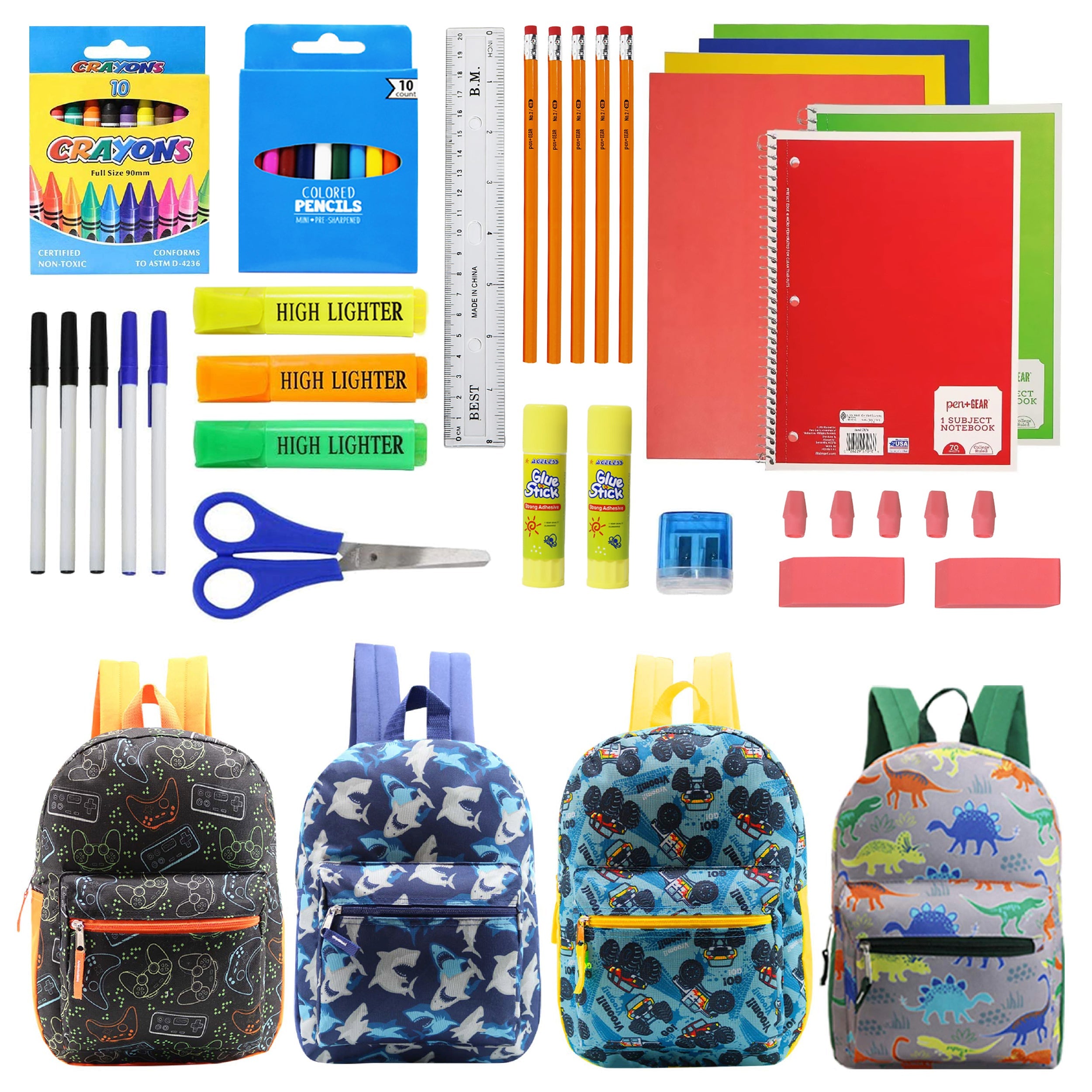 12 Wholesale 15" Printed Kids Backpacks & 12 Bulk School Supply Kits of Your Choice