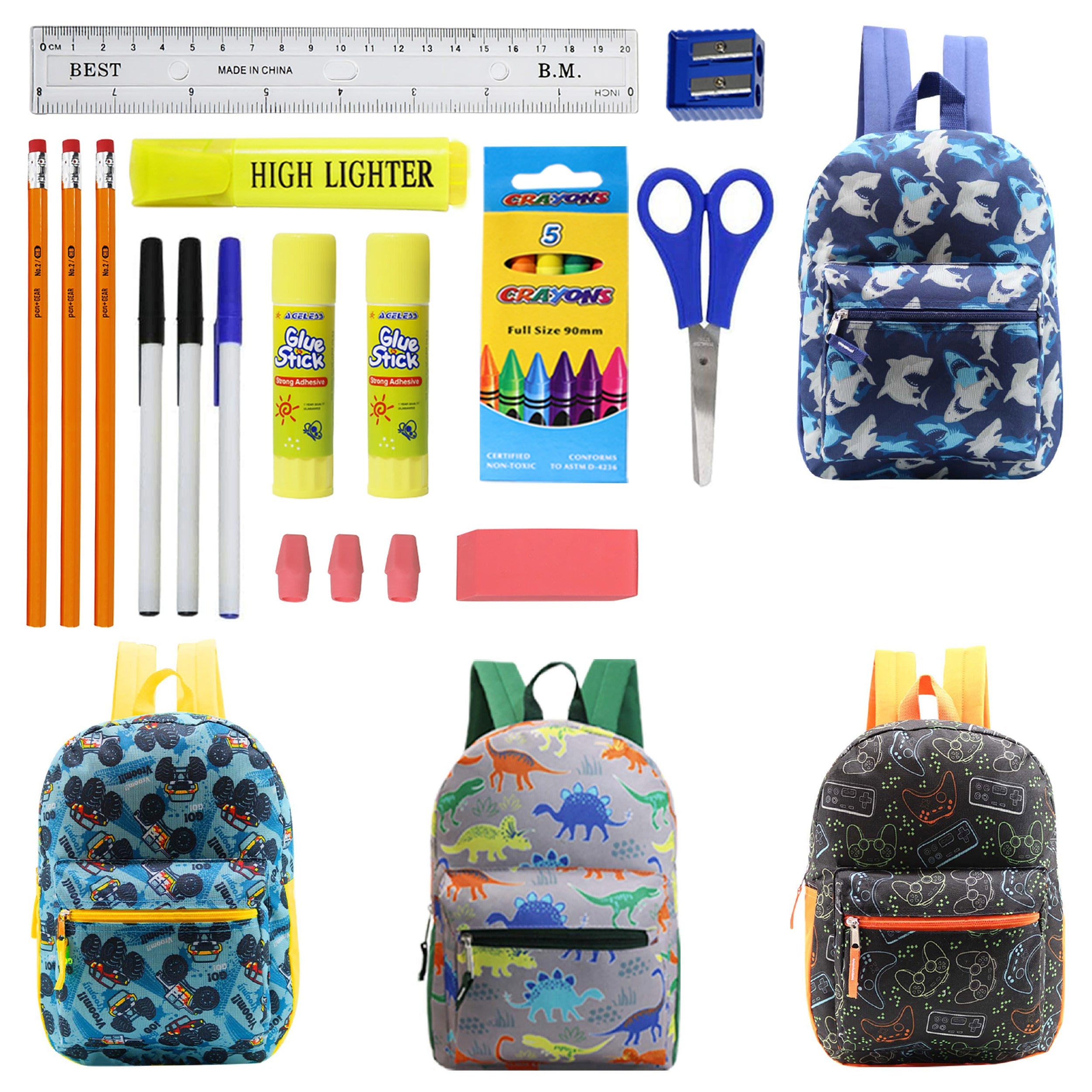 12 Wholesale 15" Printed Kids Backpacks & 12 Bulk School Supply Kits of Your Choice