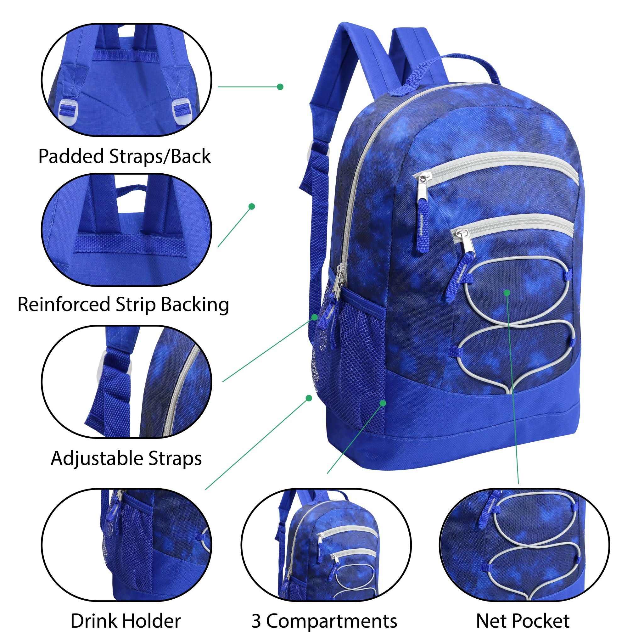 17" Bungee Wholesale Backpack In 8 Prints -  Bulk Case Of 24 Backpacks