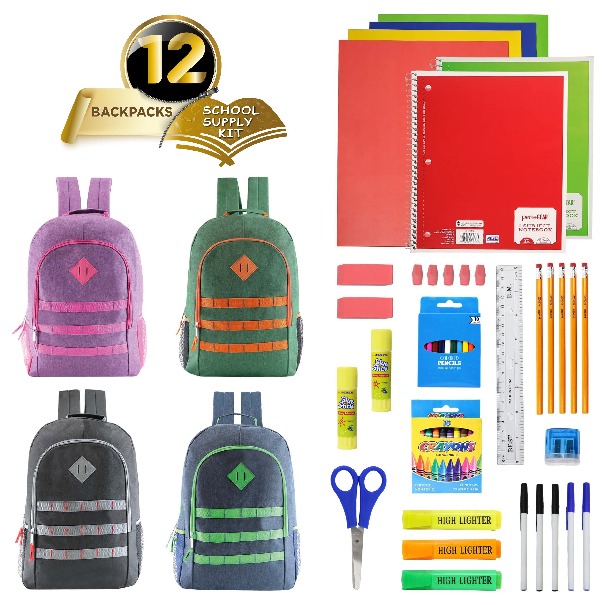 12 Wholesale 17" Basic Backpacks in Assorted Colors & 12 Bulk School Supply Kits of Your Choice
