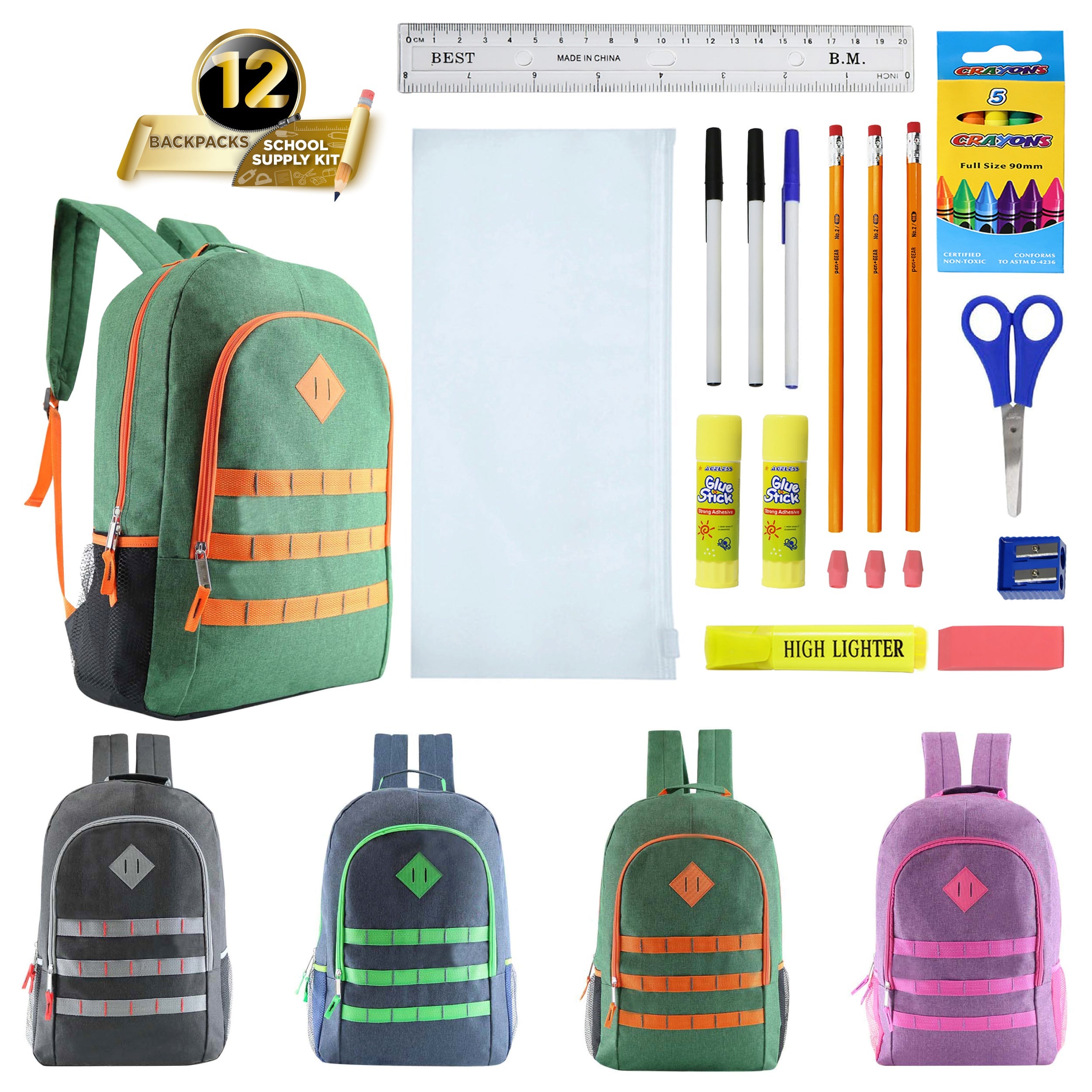 12 Wholesale 17" Basic Backpacks in Assorted Colors & 12 Bulk School Supply Kits of Your Choice