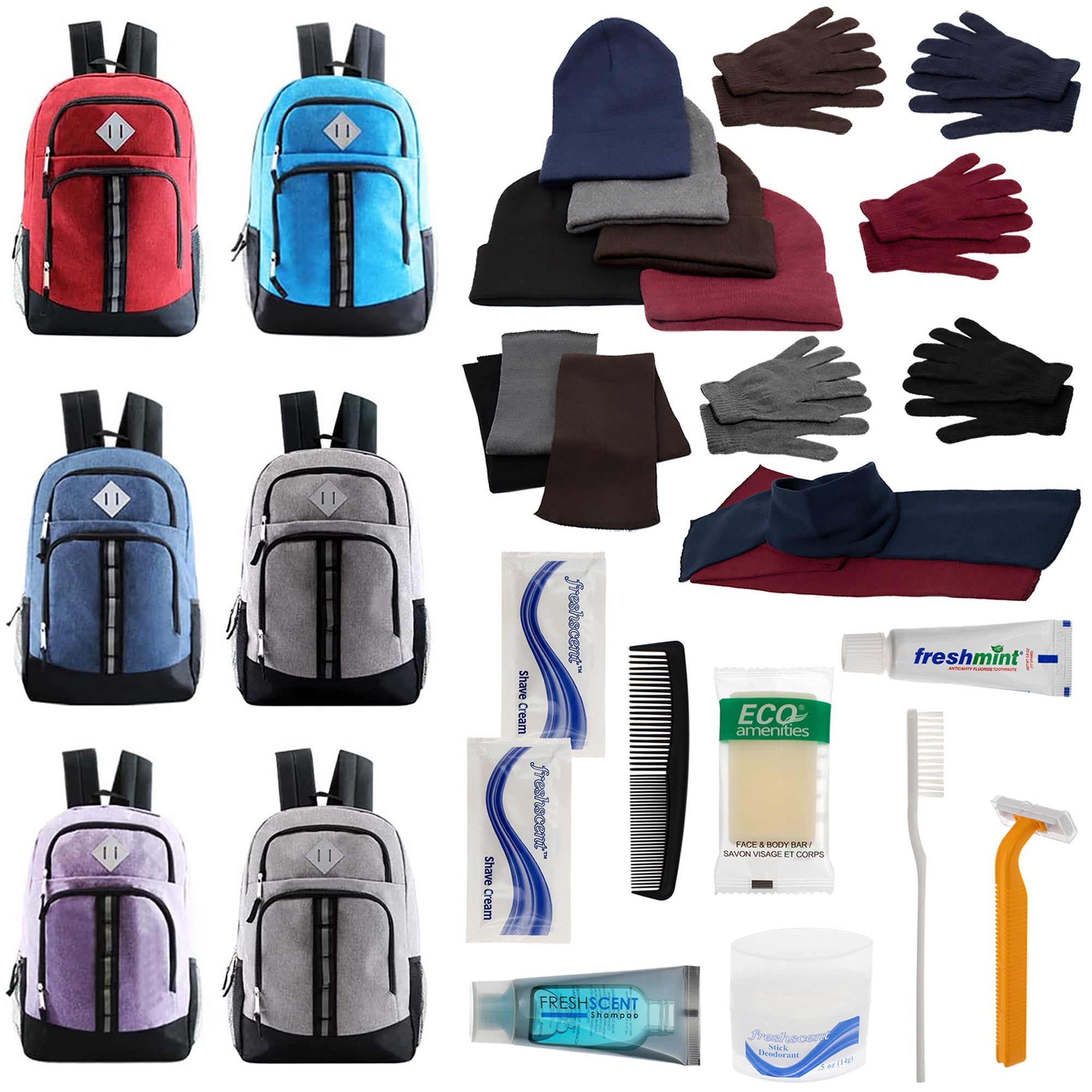 Bulk Case of 12 18" Backpacks and 12 Winter Item Sets and 12 Hygiene Kits - Wholesale Care Package - Emergencies, Homeless, Charity