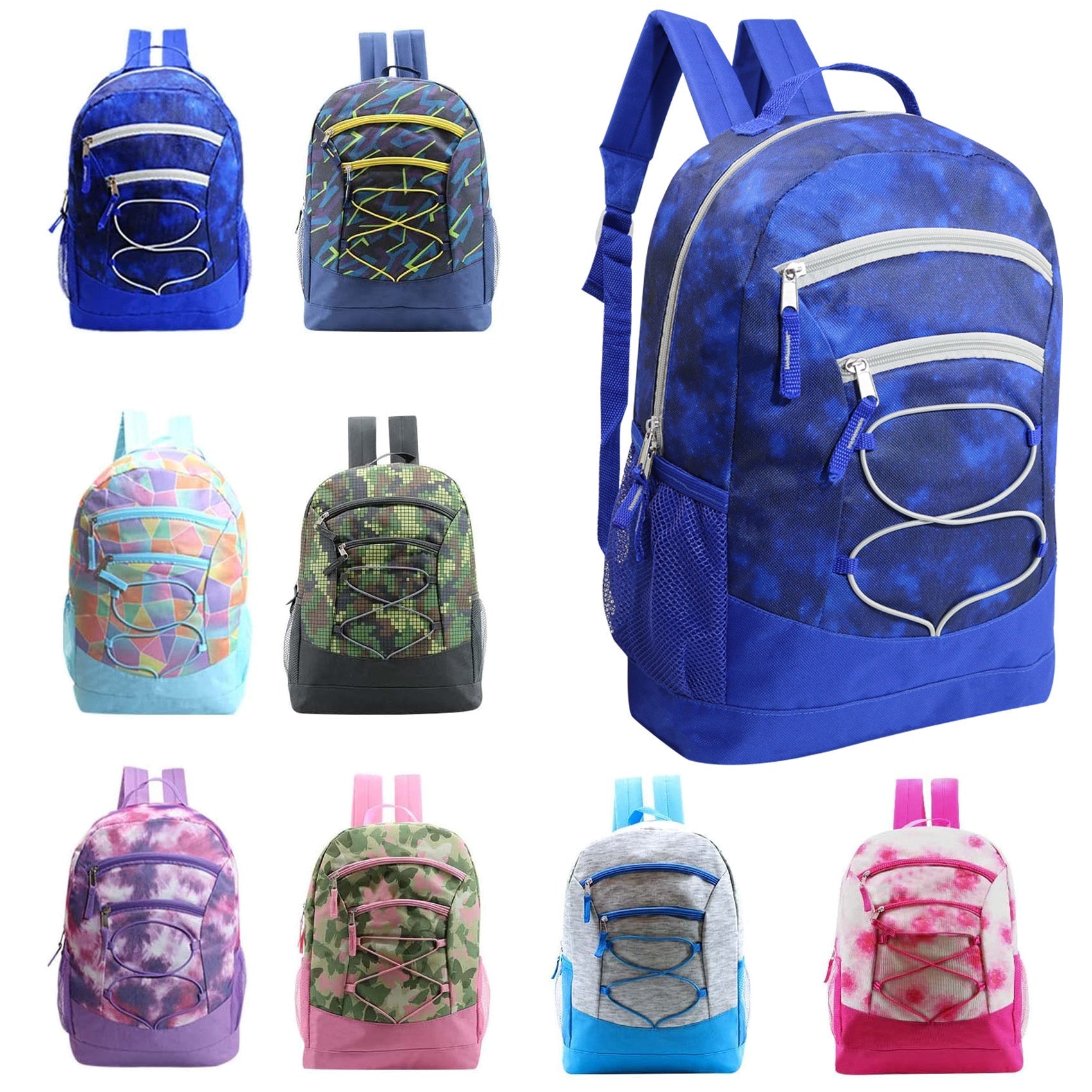 24 Pack of 17" Bungee and Deluxe Wholesale Backpack in Assorted Color and Prints - Bulk Case of 24