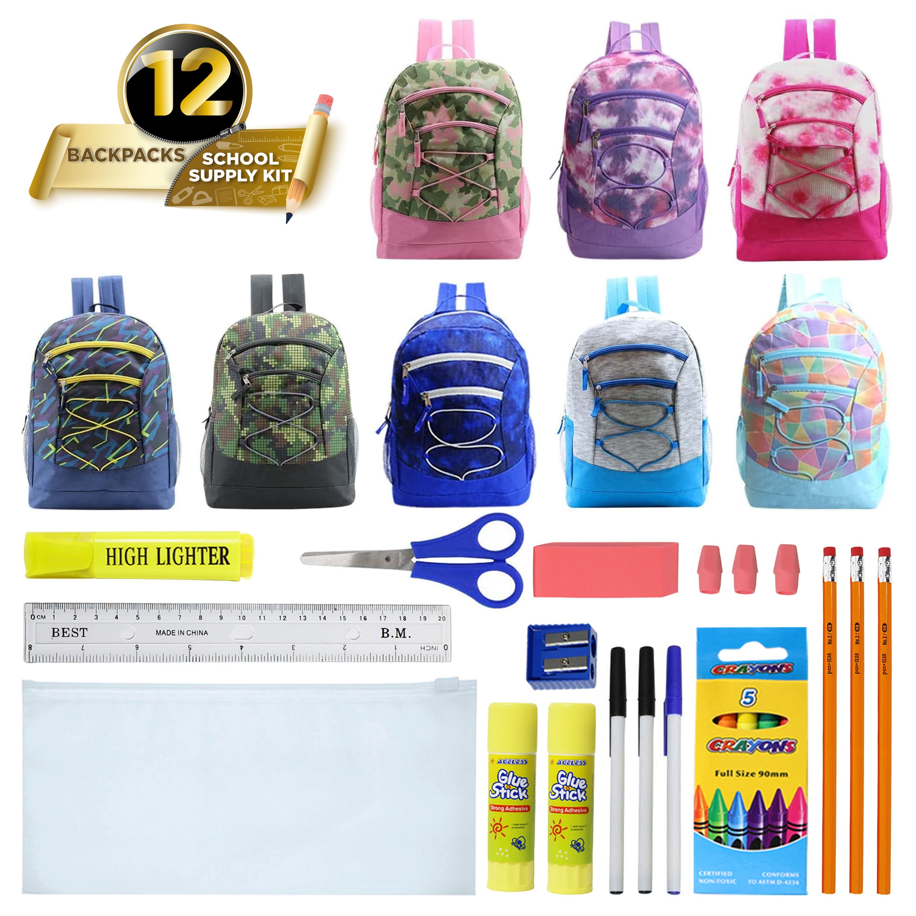 12 Multi-Color 17" Bungee Backpacks in Assorted Colors & 12 Bulk School Supply Kits of Your Choice