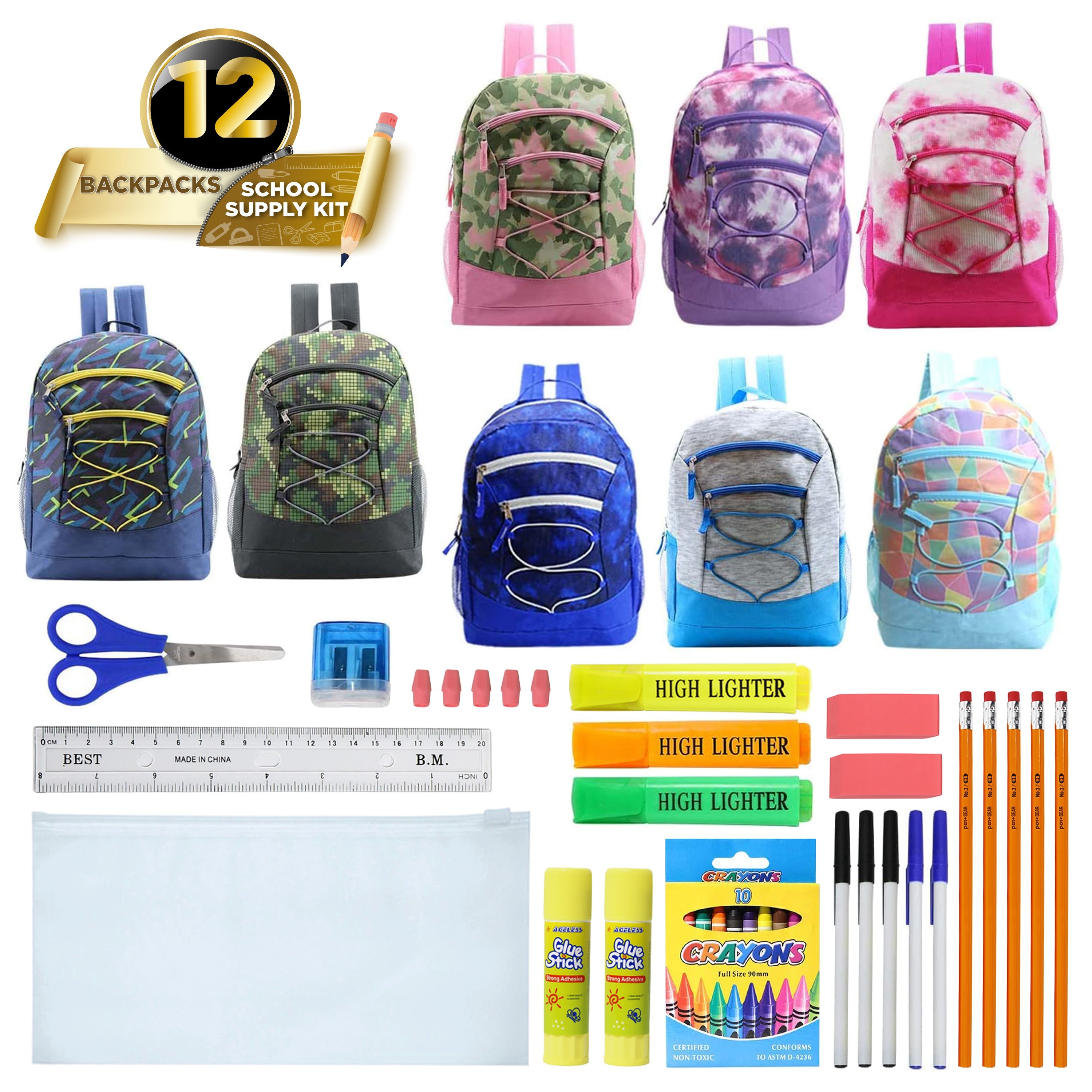 12 Multi-Color 17" Bungee Backpacks in Assorted Colors & 12 Bulk School Supply Kits of Your Choice