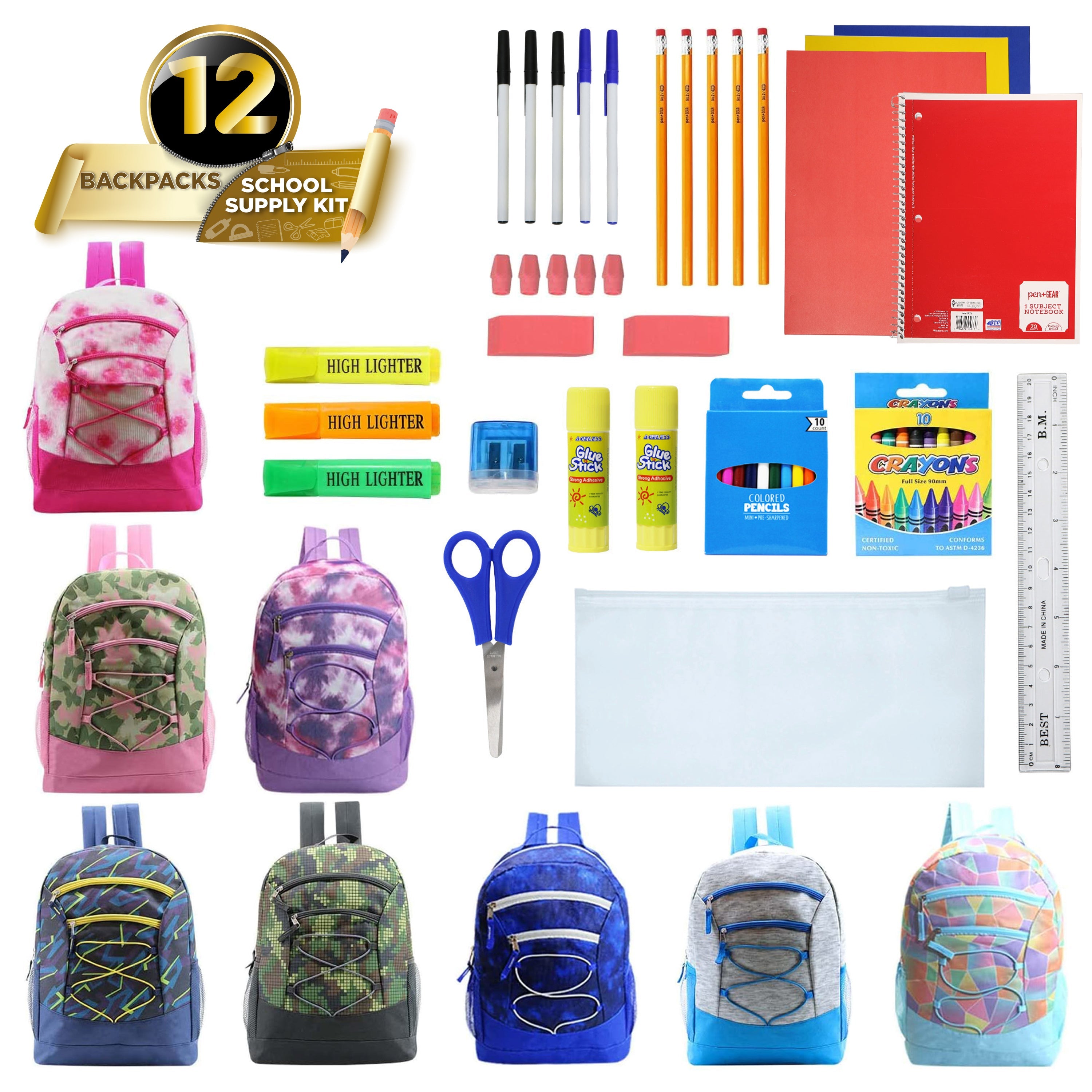 12 Multi-Color 17" Bungee Backpacks in Assorted Colors & 12 Bulk School Supply Kits of Your Choice