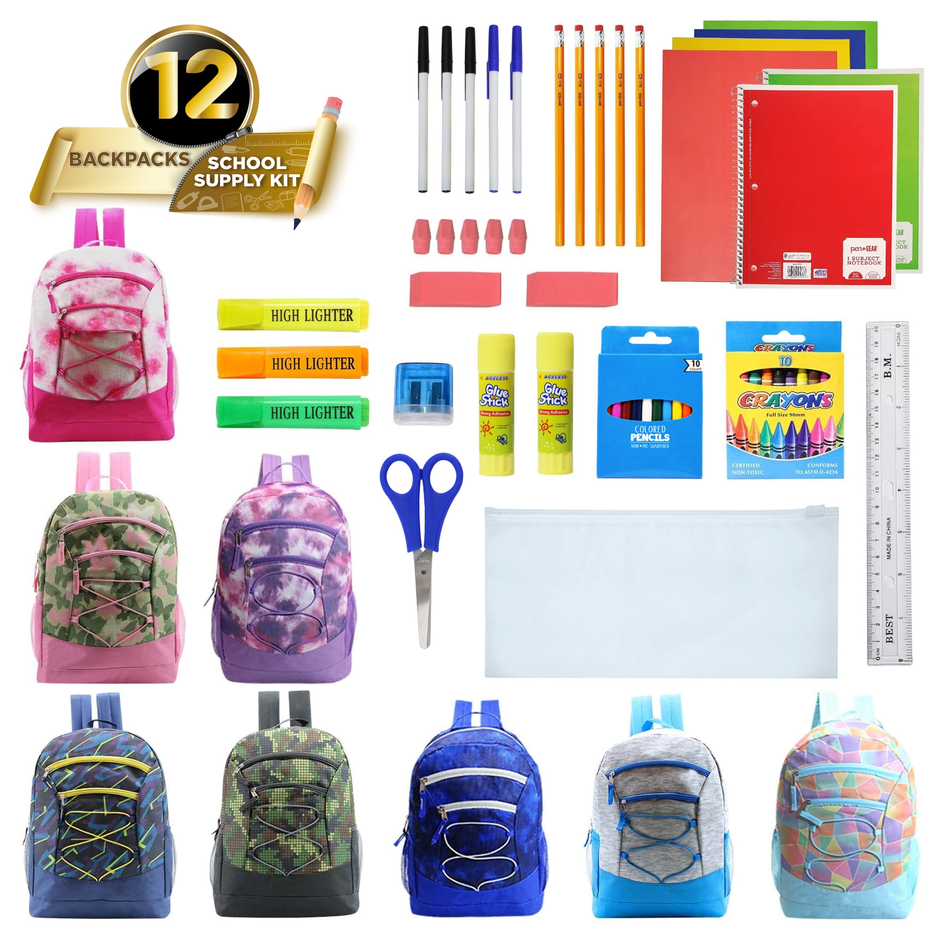12 Multi-Color 17" Bungee Backpacks in Assorted Colors & 12 Bulk School Supply Kits of Your Choice