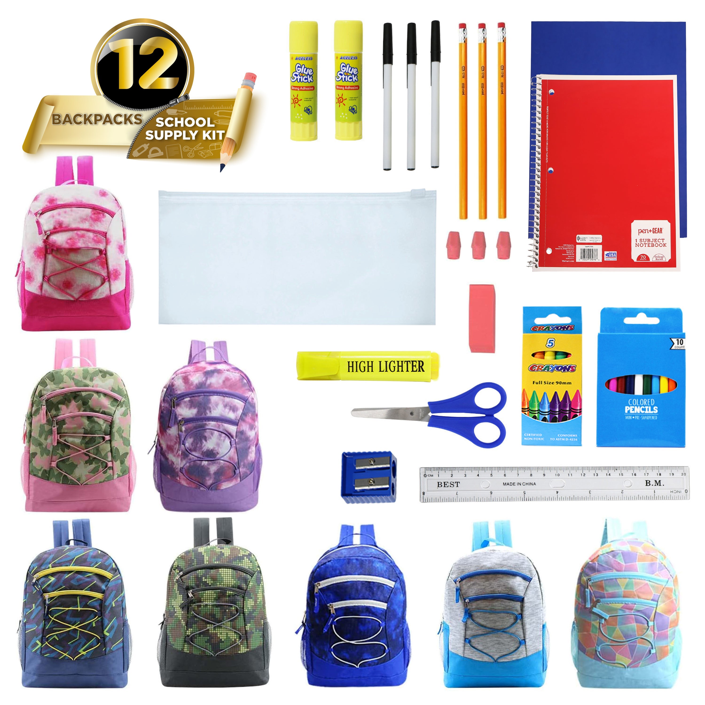 12 Multi-Color 17" Bungee Backpacks in Assorted Colors & 12 Bulk School Supply Kits of Your Choice