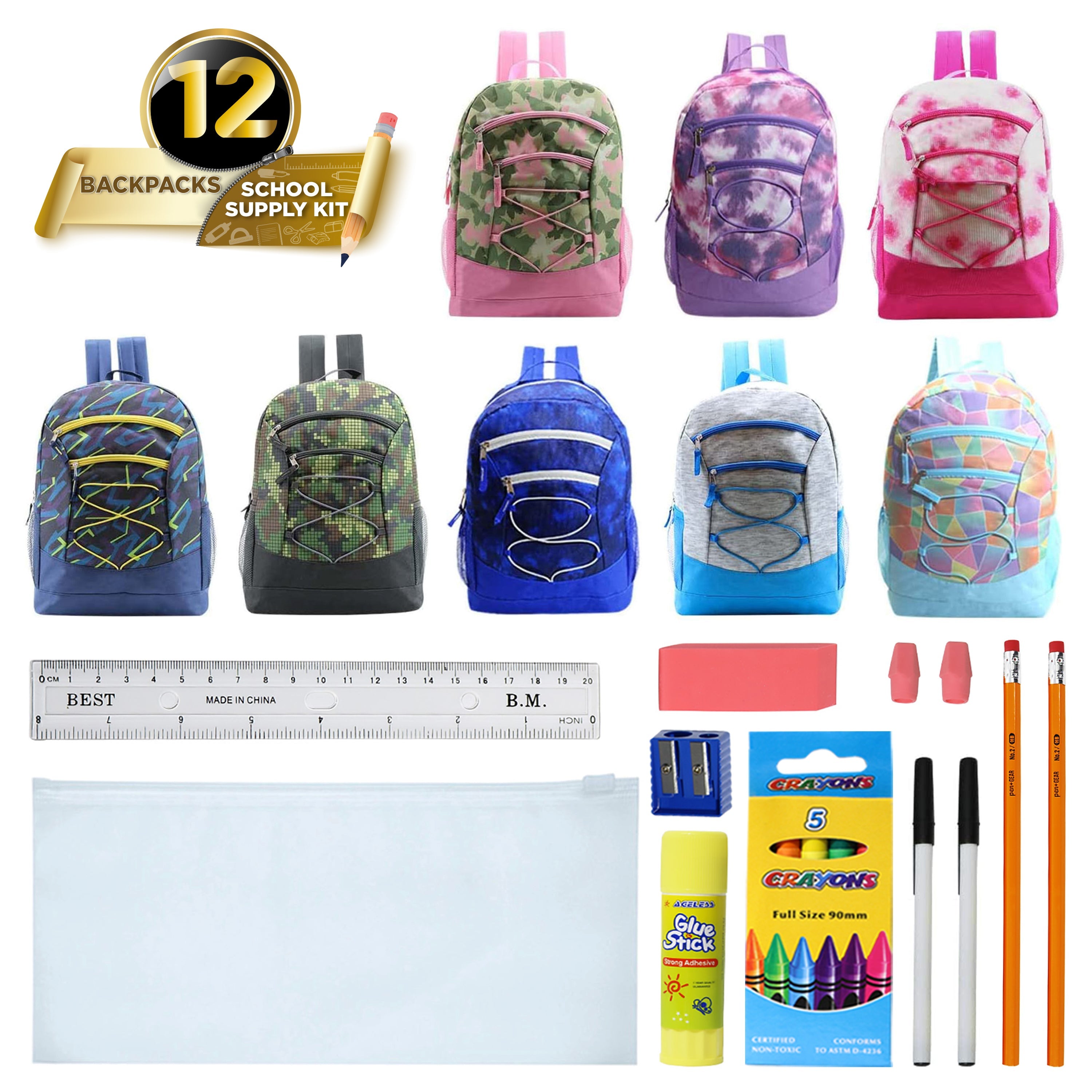 12 Multi-Color 17" Bungee Backpacks in Assorted Colors & 12 Bulk School Supply Kits of Your Choice