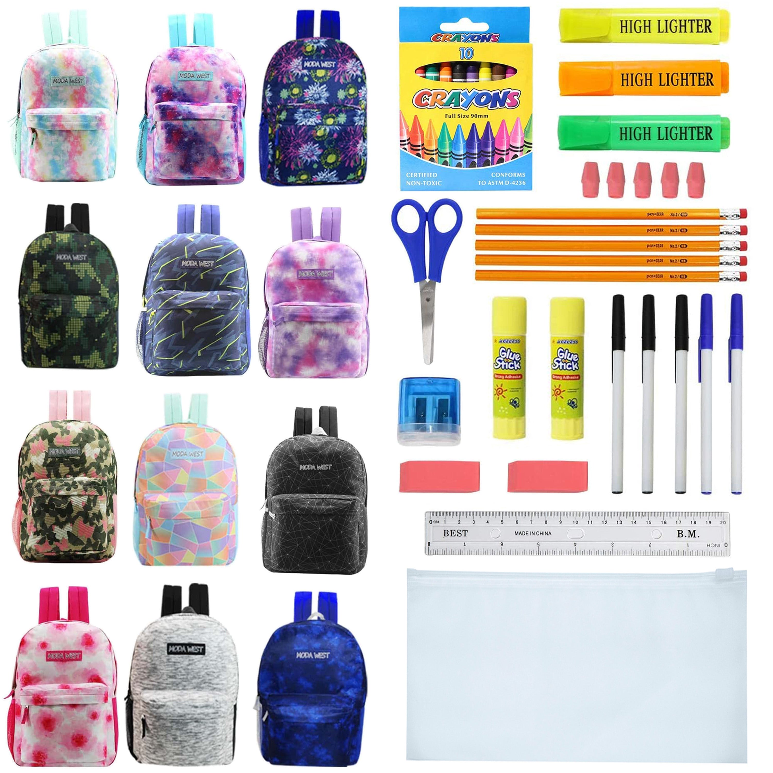 12 Wholesale Printed 17" Backpacks for Students and 12 Bulk School Supply Kits of Your Choice