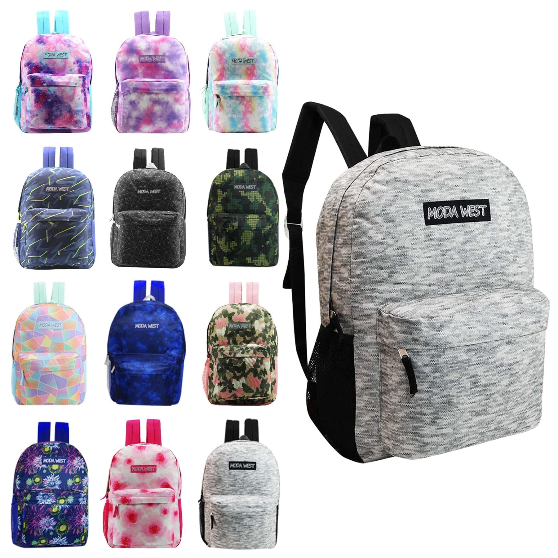 12 Wholesale Printed 17" Backpacks for Students and 12 Bulk School Supply Kits of Your Choice