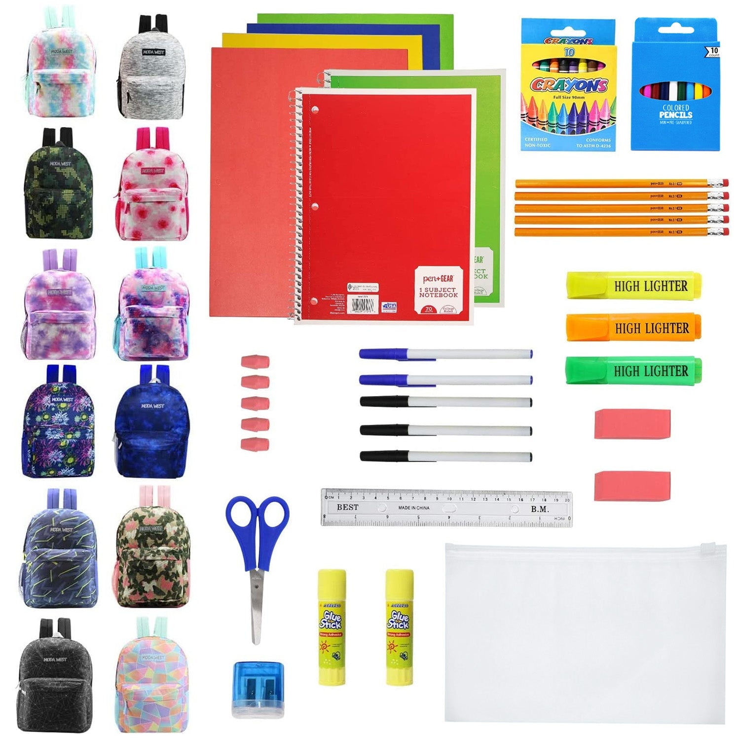 12 Wholesale Printed 17" Backpacks for Students and 12 Bulk School Supply Kits of Your Choice