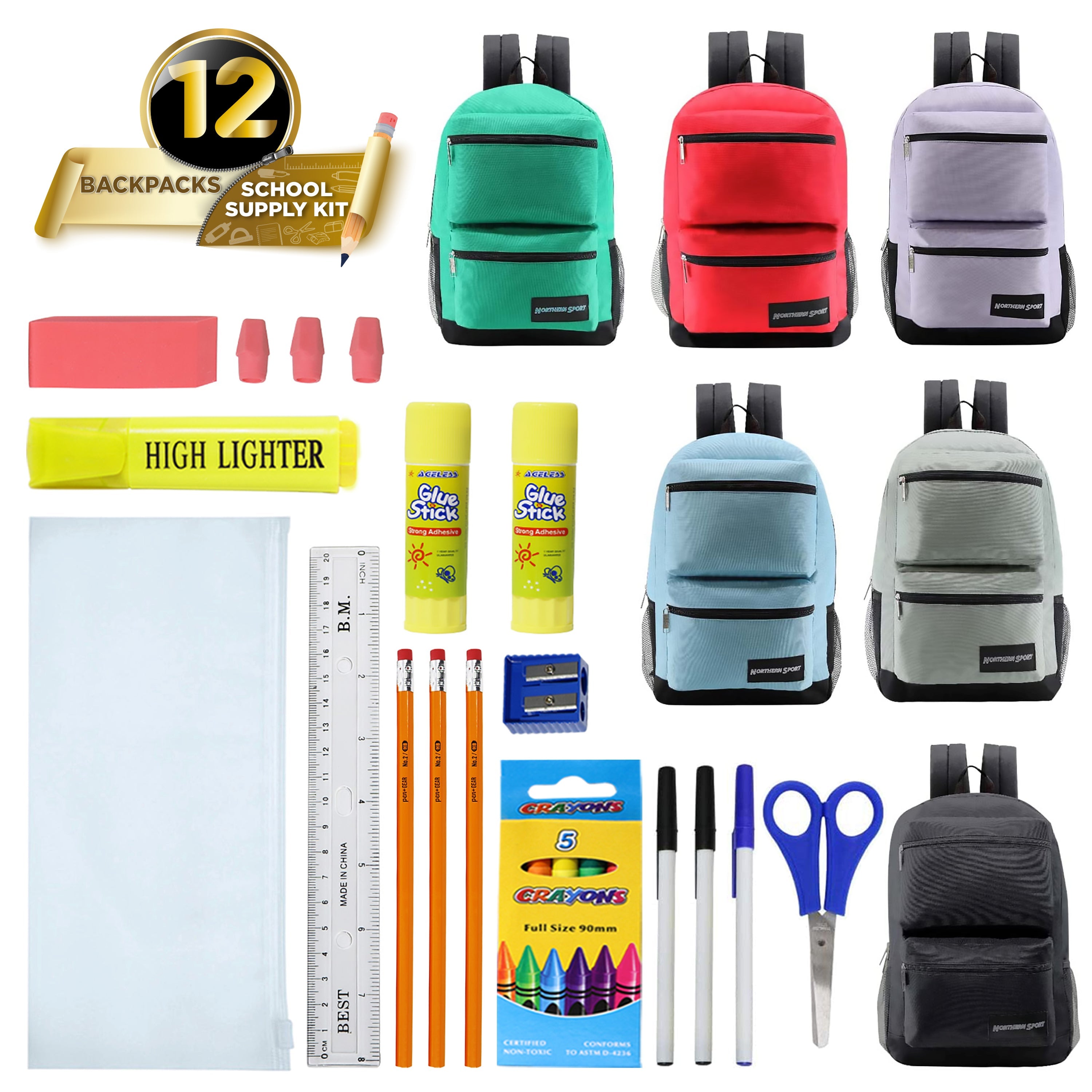 12 Wholesale Deluxe 17" 3 Compartment Backpacks and 12 Bulk School Supply Kits of Your Choice