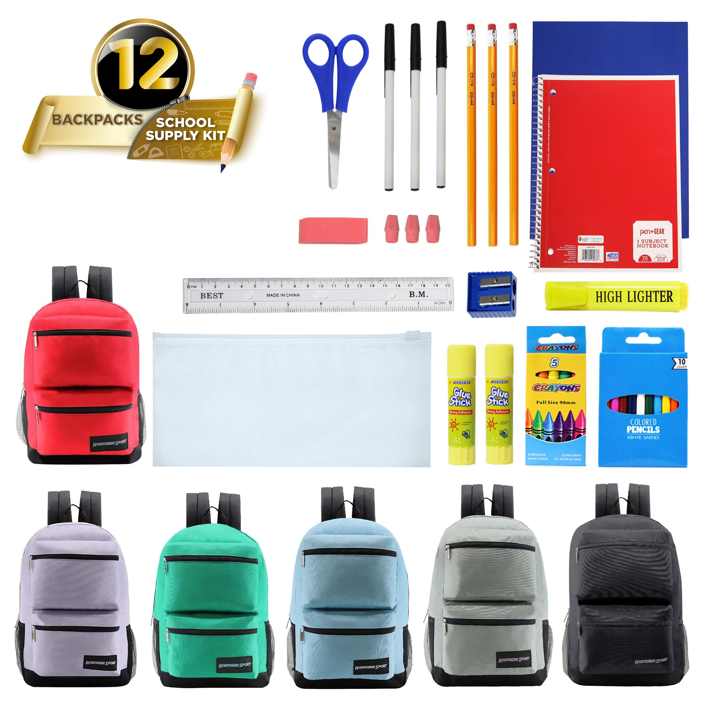 12 Wholesale Deluxe 17" 3 Compartment Backpacks and 12 Bulk School Supply Kits of Your Choice