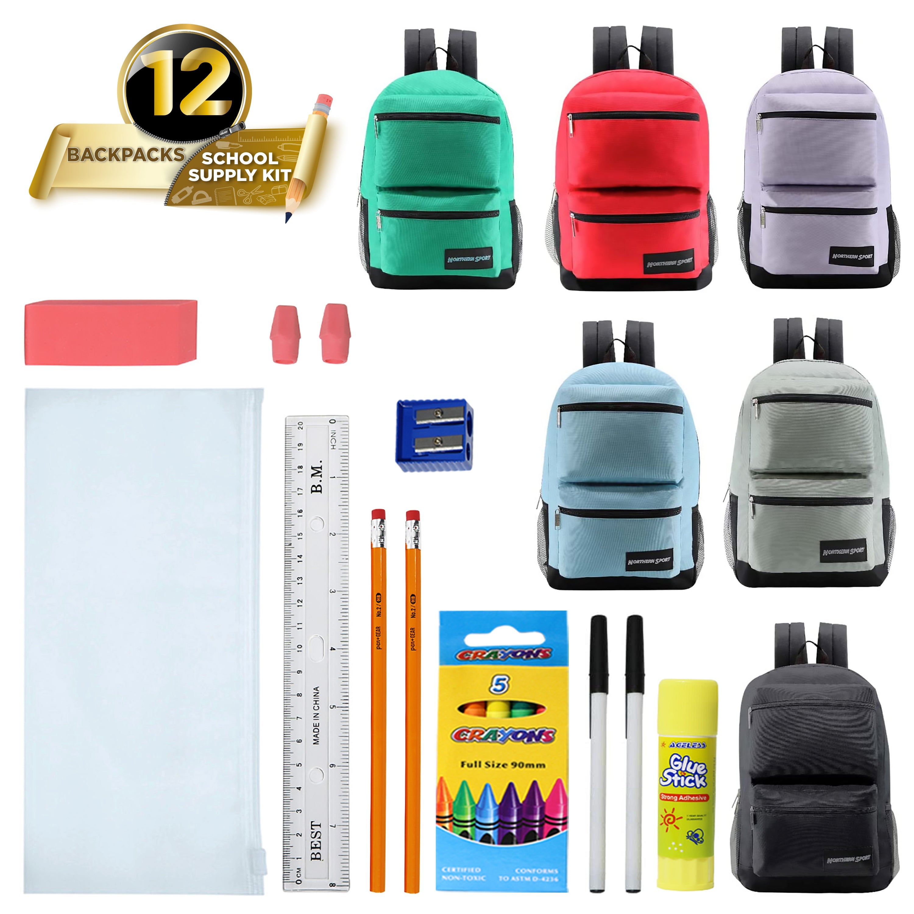 12 Wholesale Deluxe 17" 3 Compartment Backpacks and 12 Bulk School Supply Kits of Your Choice