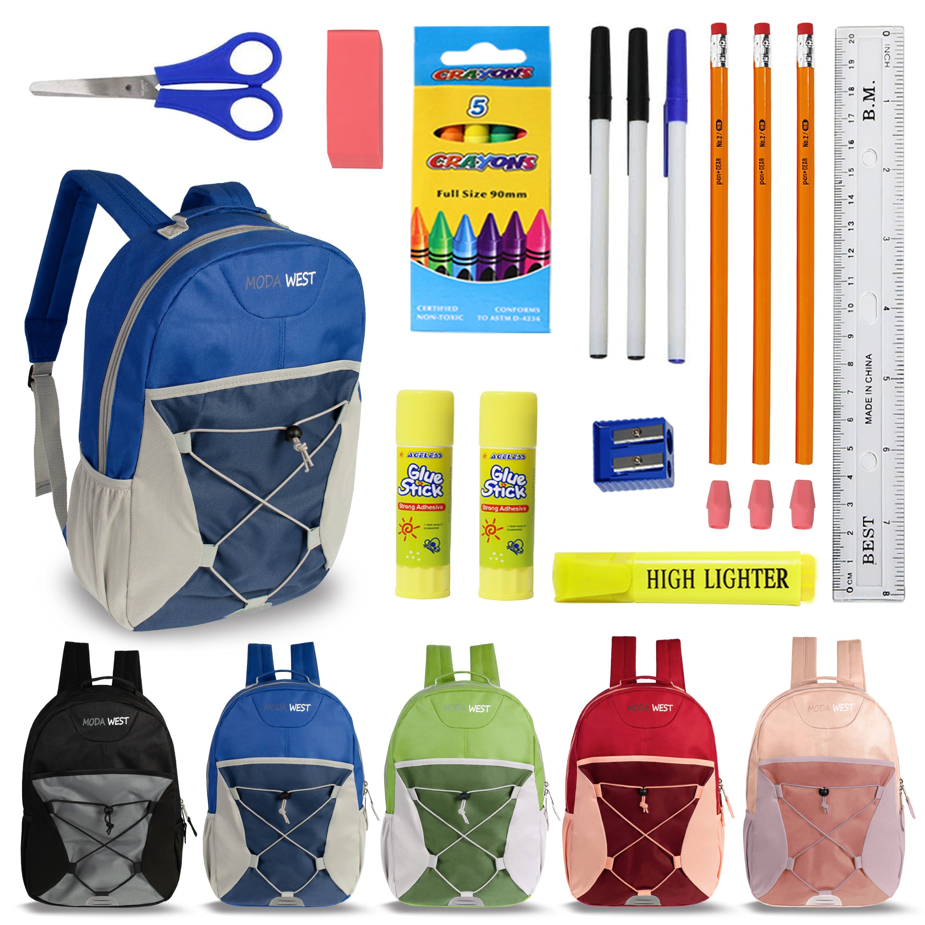 17 Inch Bulk Backpacks in Assorted Colors with School Supply Kits Wholesale - Kit of 12