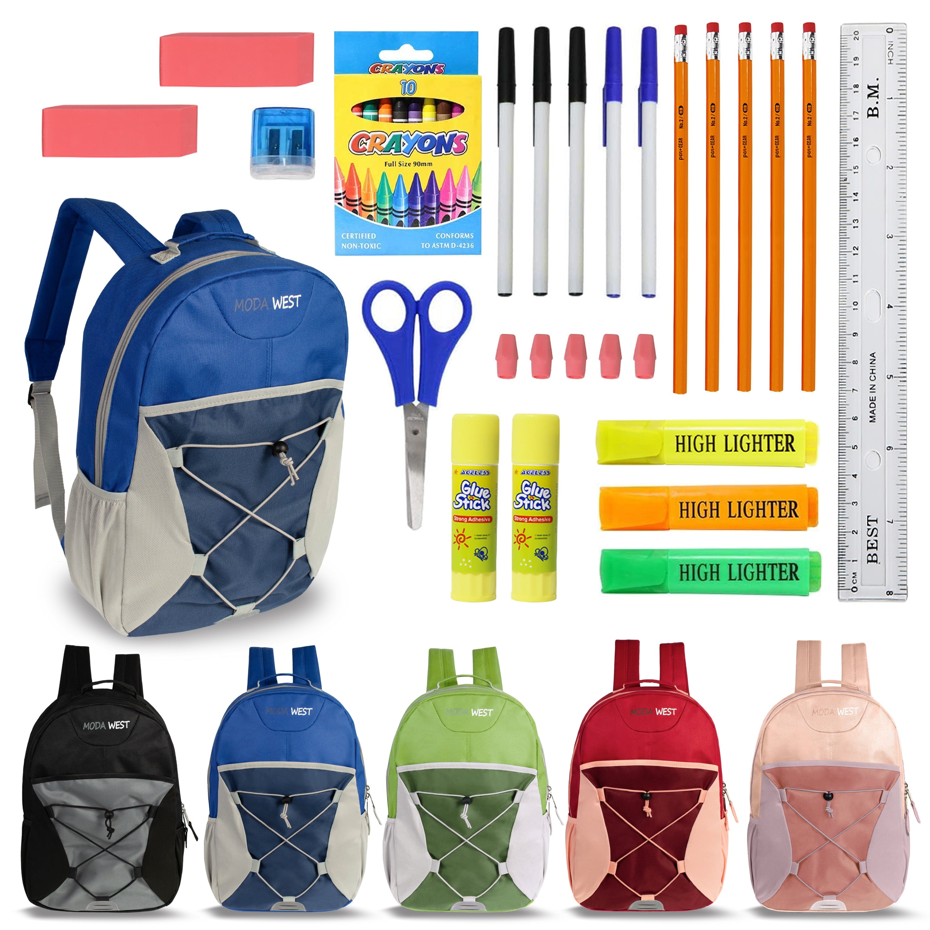 17 Inch Bulk Backpacks in Assorted Colors with School Supply Kits Wholesale - Kit of 12