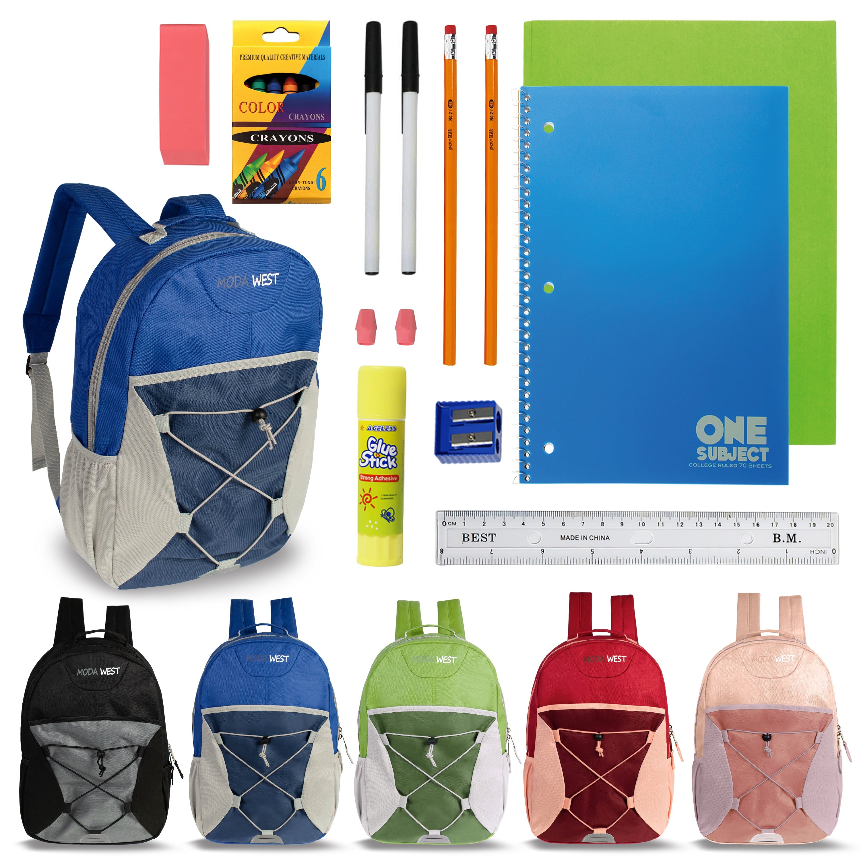 17 Inch Bulk Backpacks in Assorted Colors with School Supply Kits Wholesale - Kit of 12