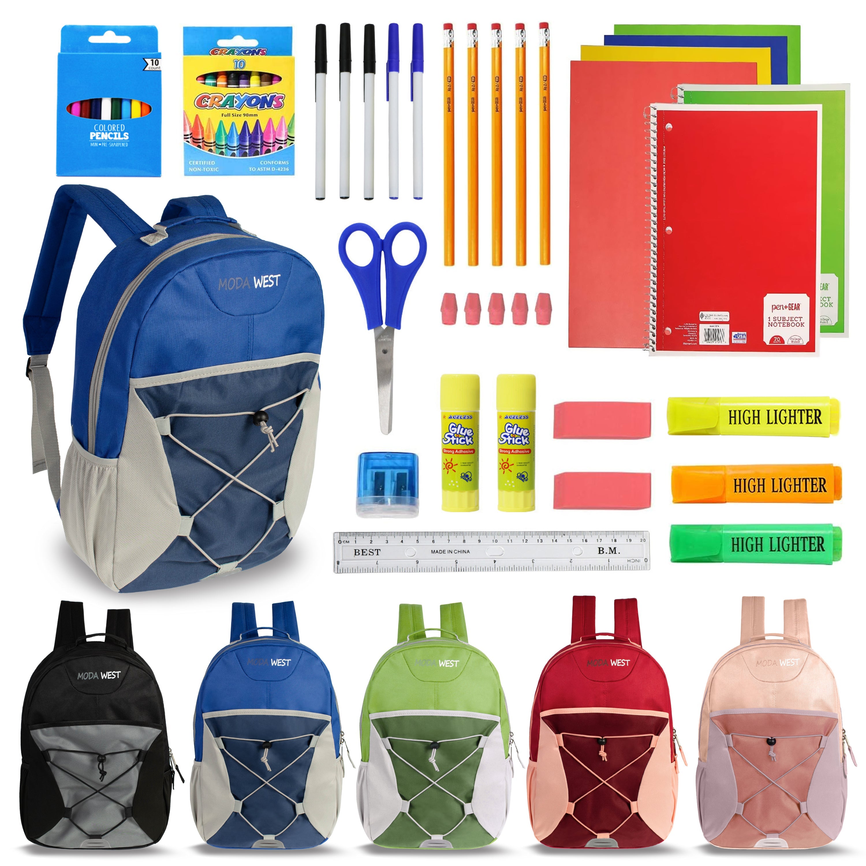 17 Inch Bulk Backpacks in Assorted Colors with School Supply Kits Wholesale - Kit of 12