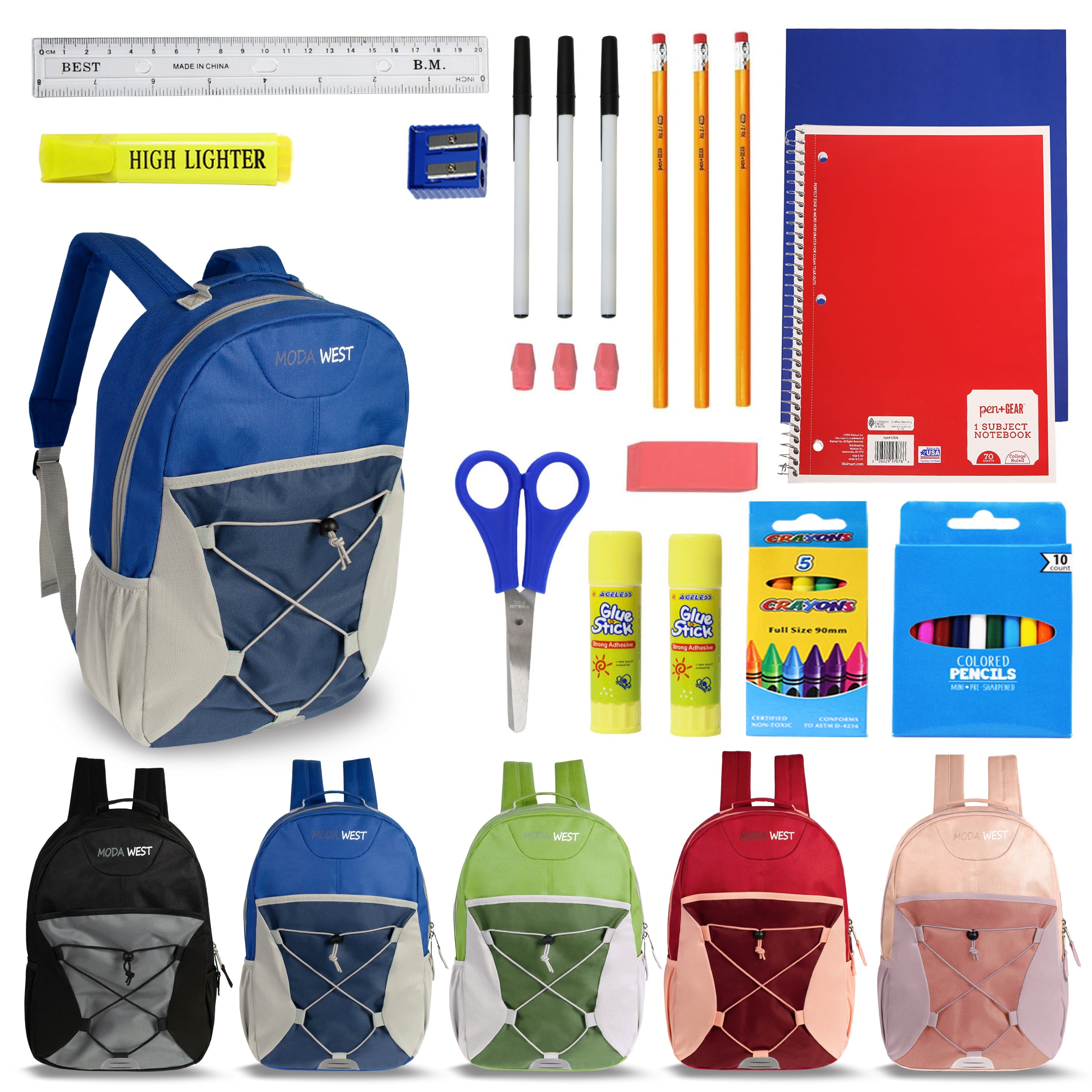 17 Inch Bulk Backpacks in Assorted Colors with School Supply Kits Wholesale - Kit of 12