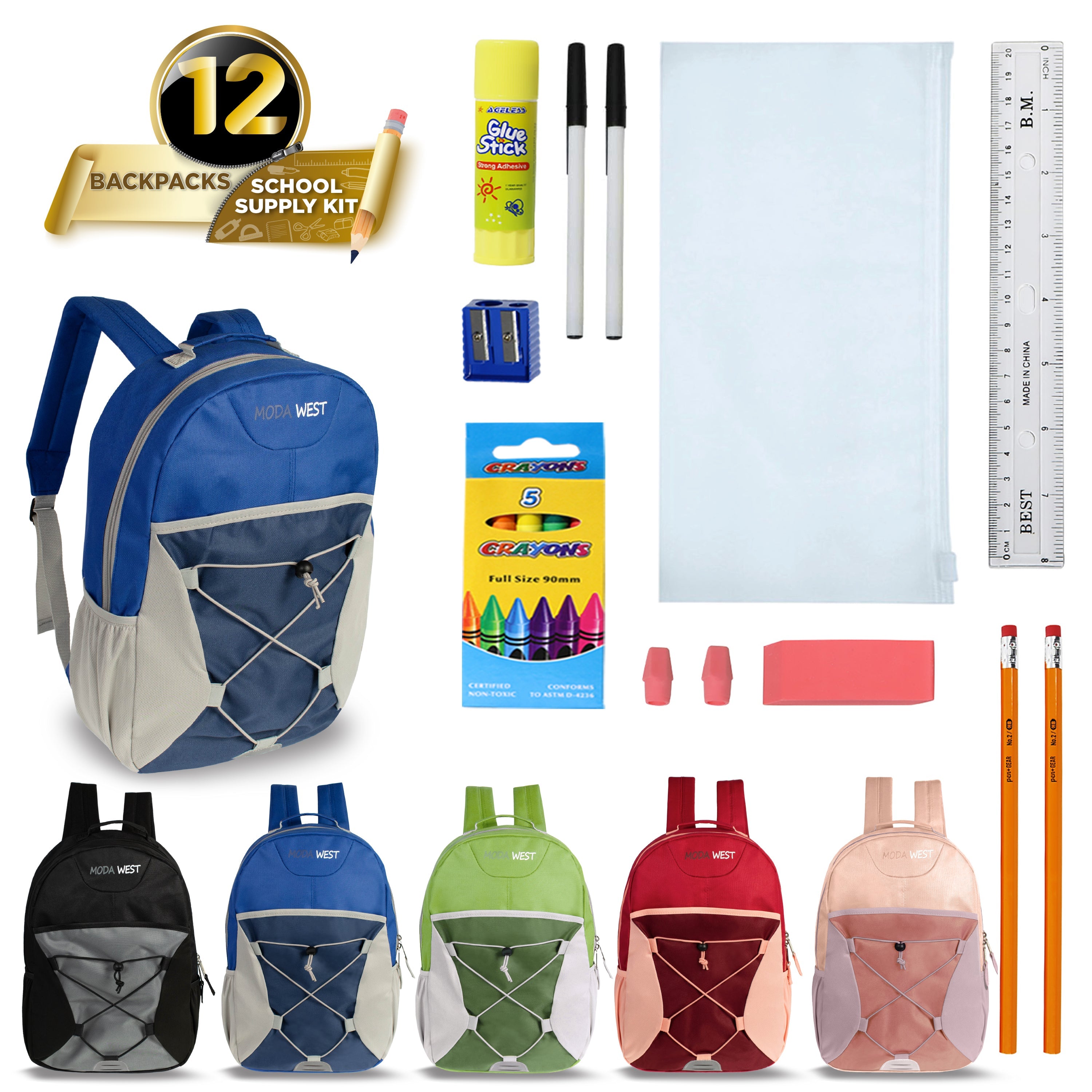 17 Inch Bulk Backpacks in Assorted Colors with School Supply Kits Wholesale - Kit of 12