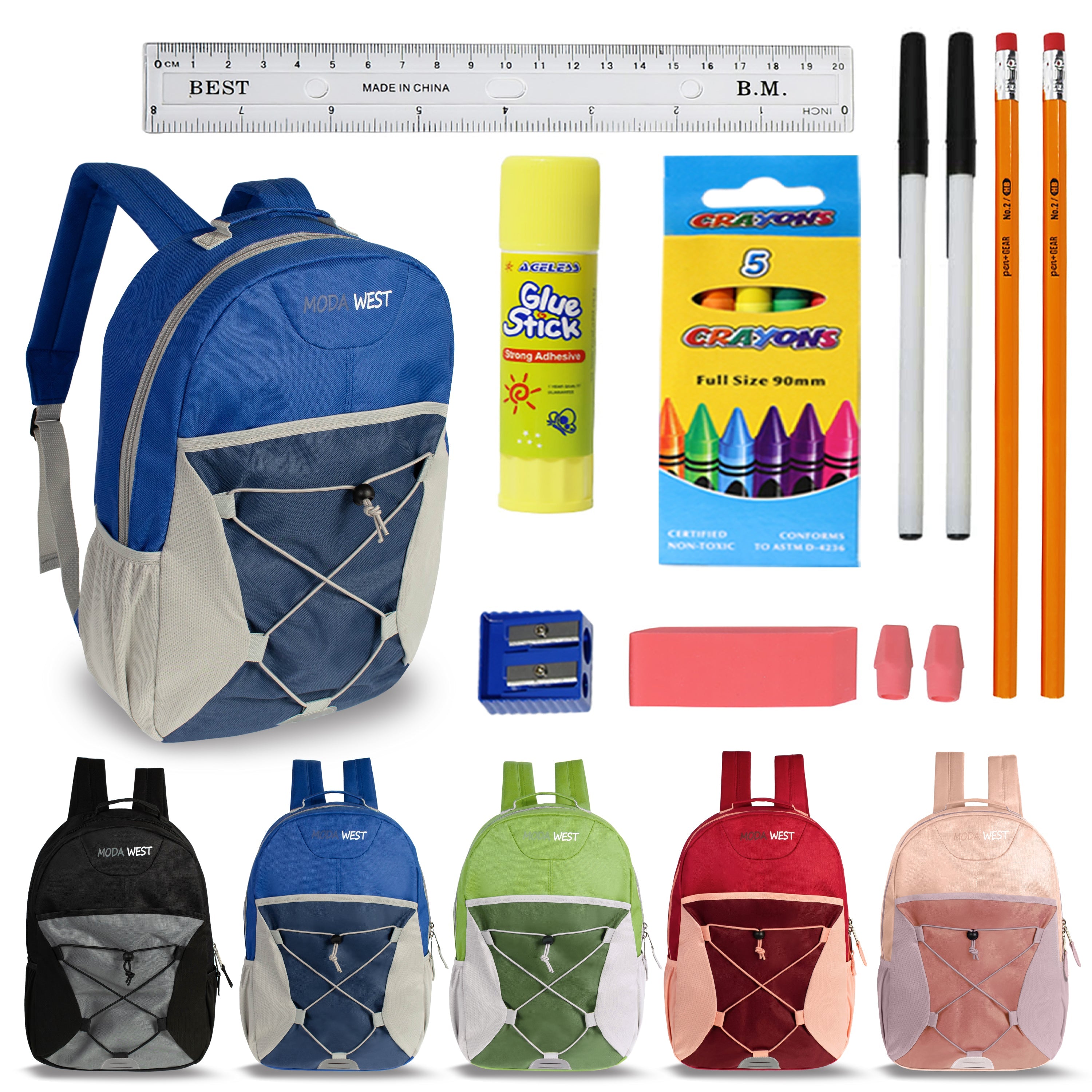 17 Inch Bulk Backpacks in Assorted Colors with School Supply Kits Wholesale - Kit of 12