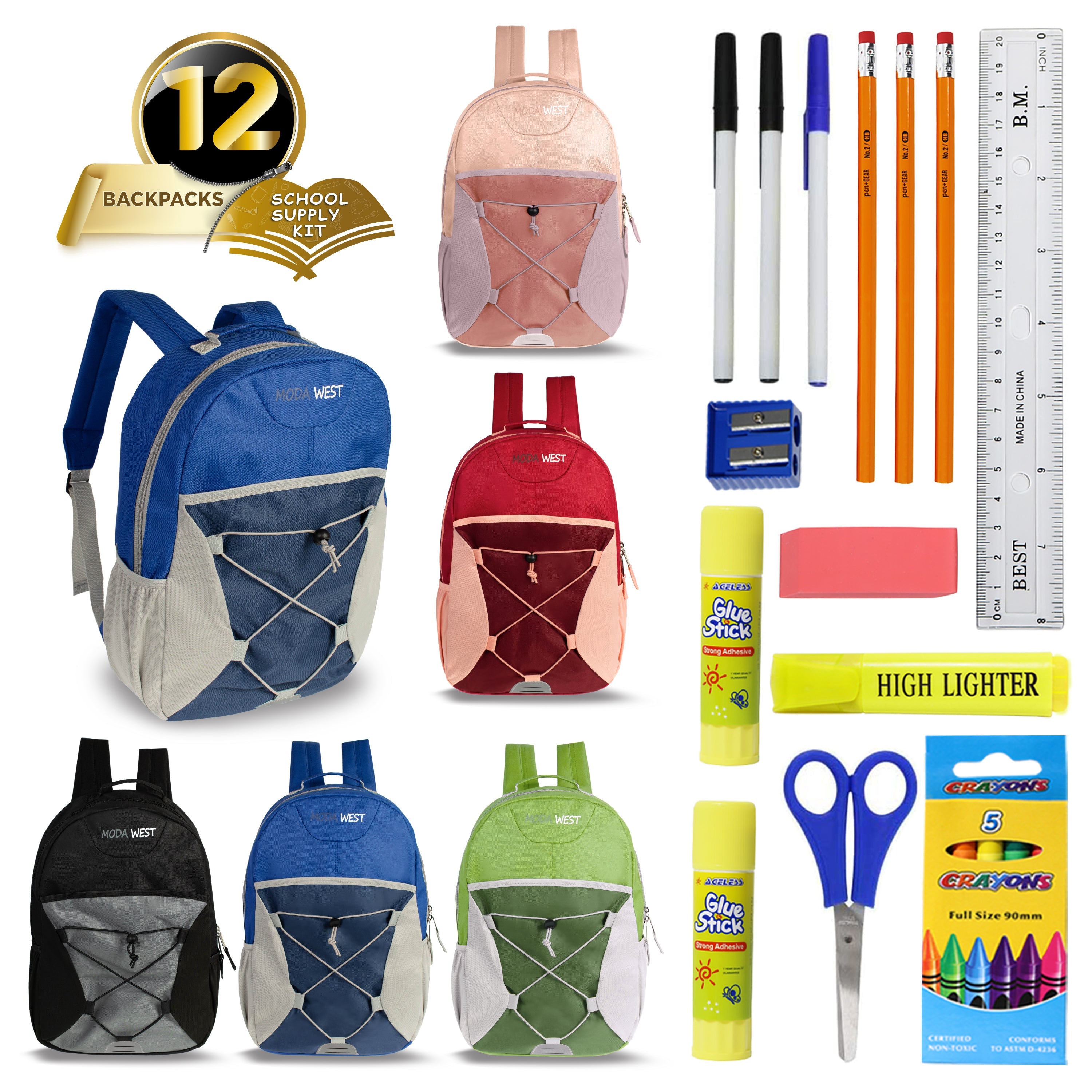 17 Inch Bulk Backpacks in Assorted Colors with School Supply Kits Wholesale - Kit of 12