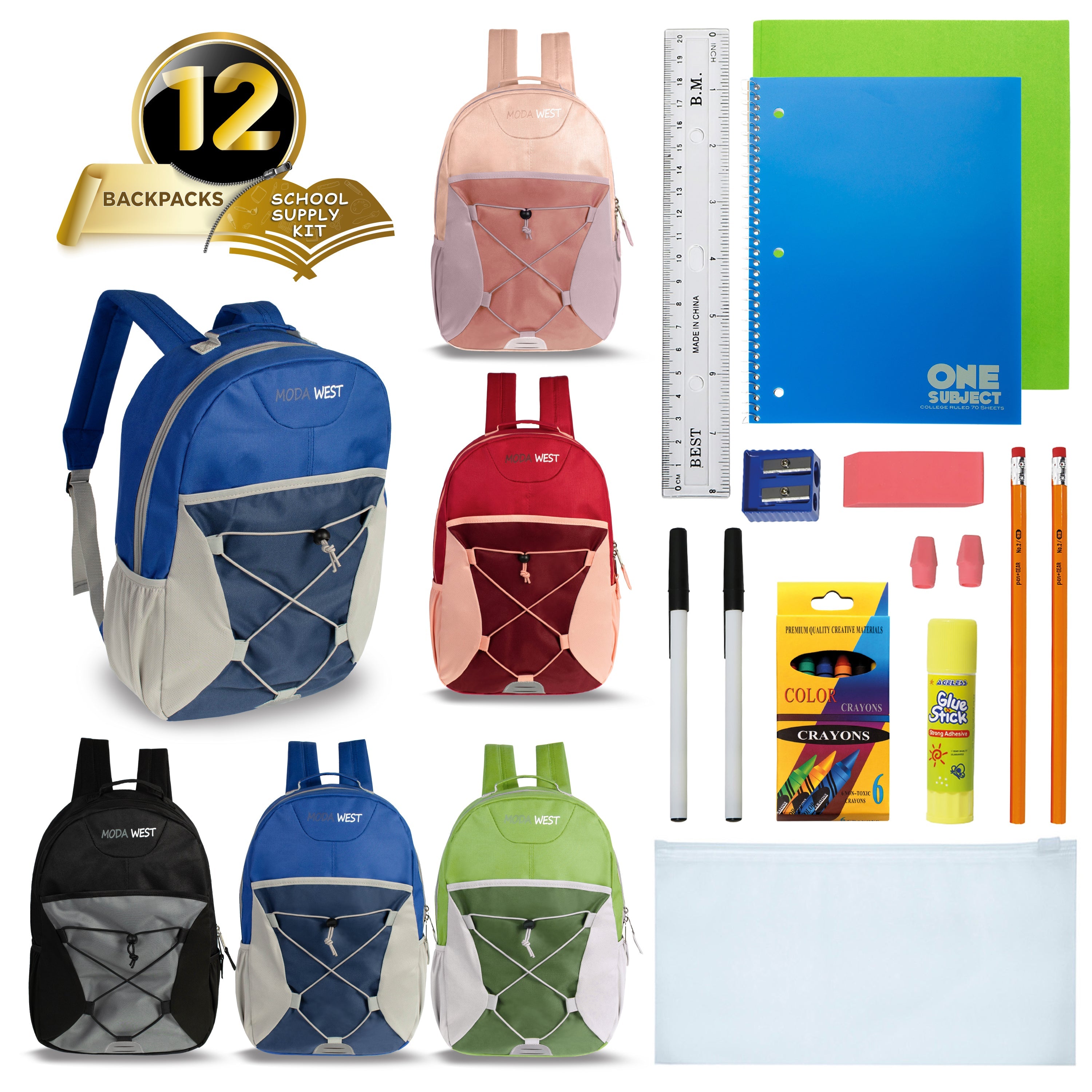 17 Inch Bulk Backpacks in Assorted Colors with School Supply Kits Wholesale - Kit of 12