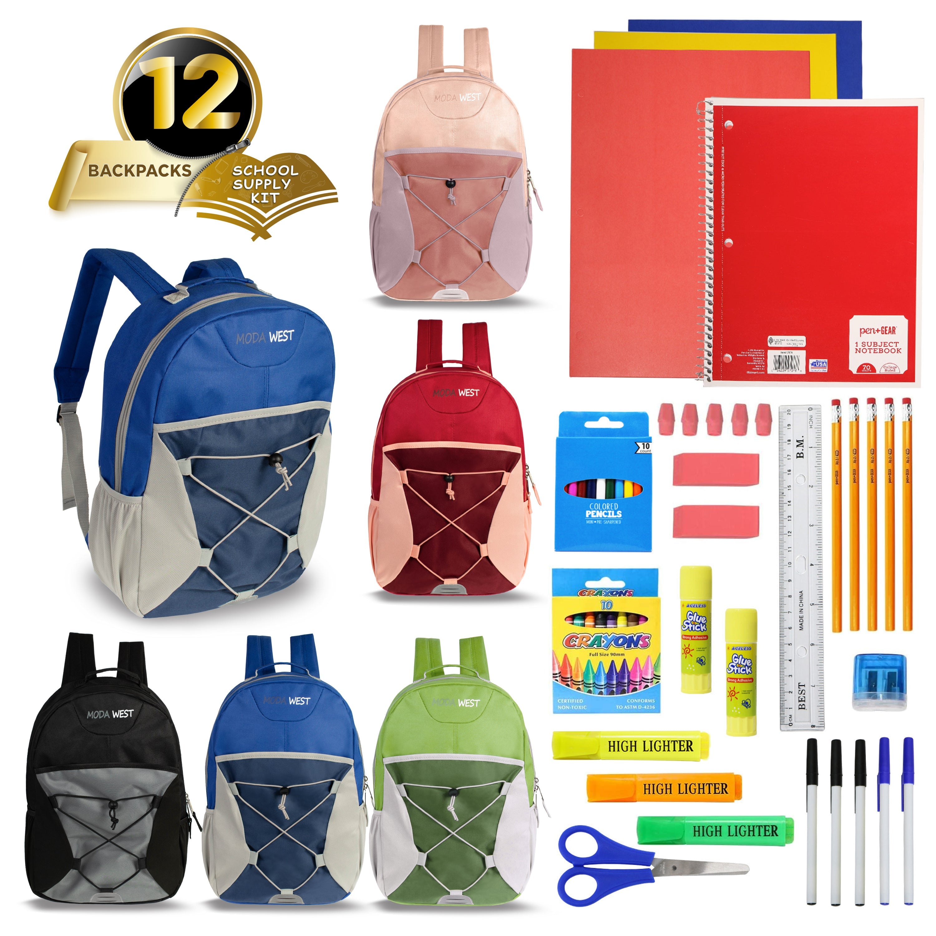 17 Inch Bulk Backpacks in Assorted Colors with School Supply Kits Wholesale - Kit of 12