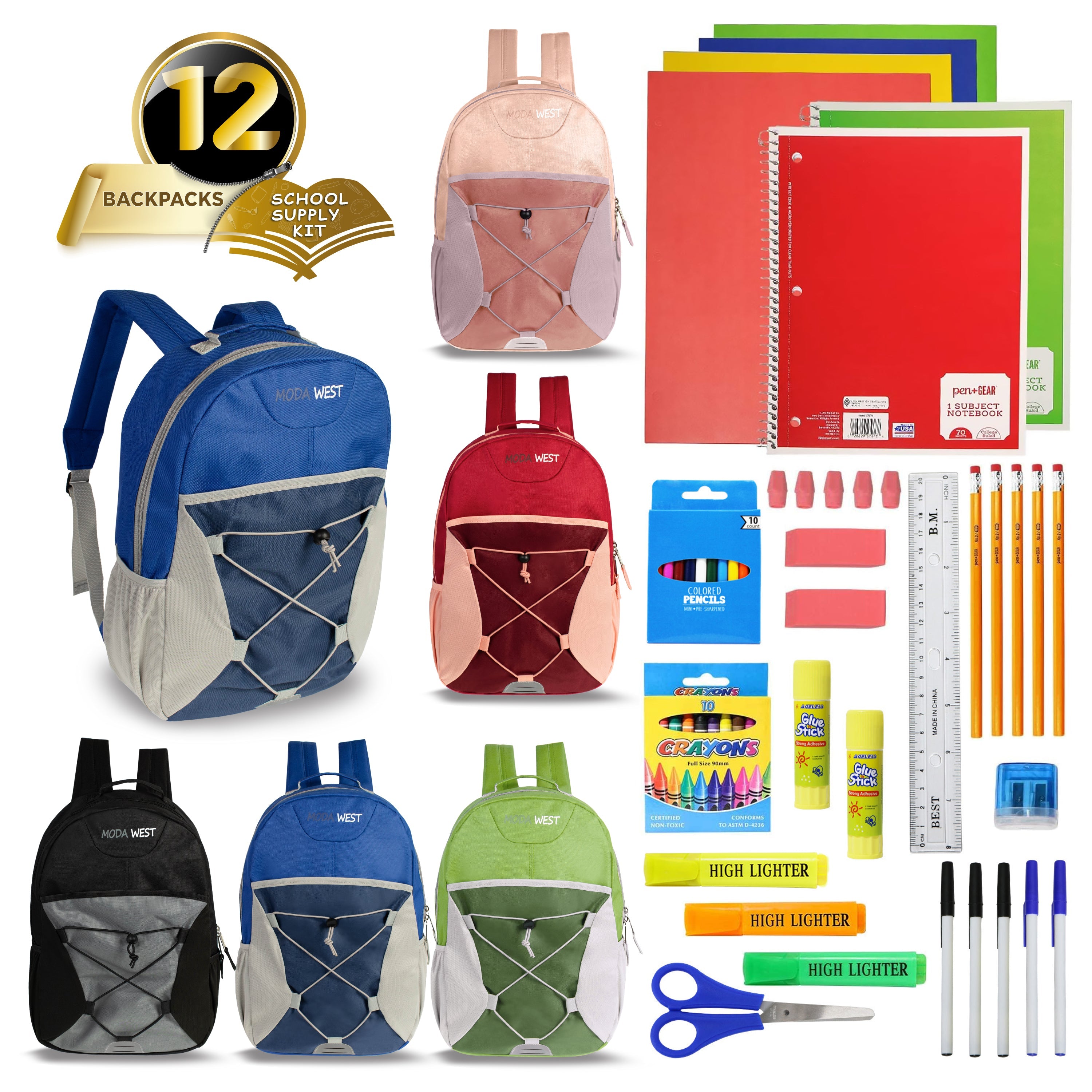 17 Inch Bulk Backpacks in Assorted Colors with School Supply Kits Wholesale - Kit of 12