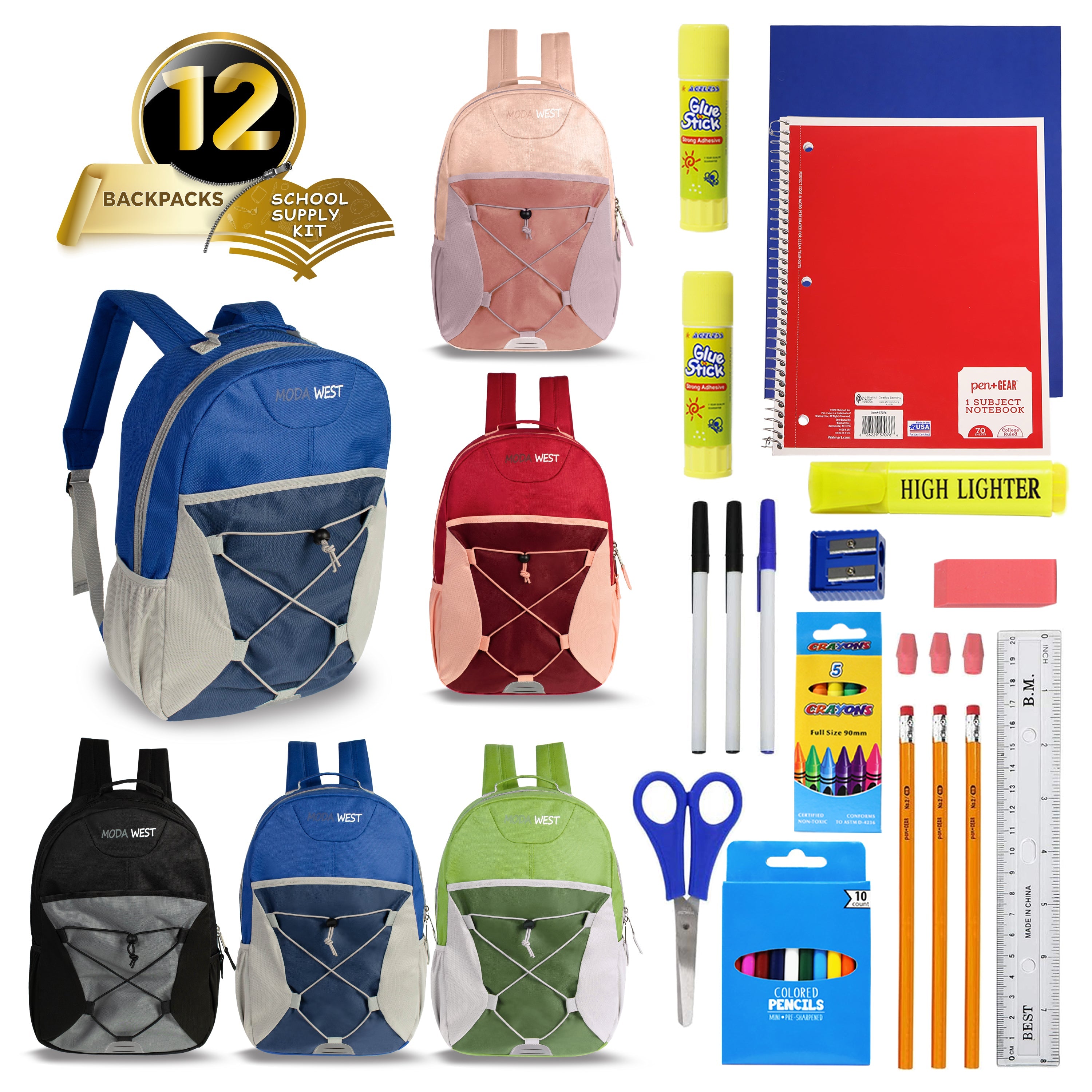 17 Inch Bulk Backpacks in Assorted Colors with School Supply Kits Wholesale - Kit of 12