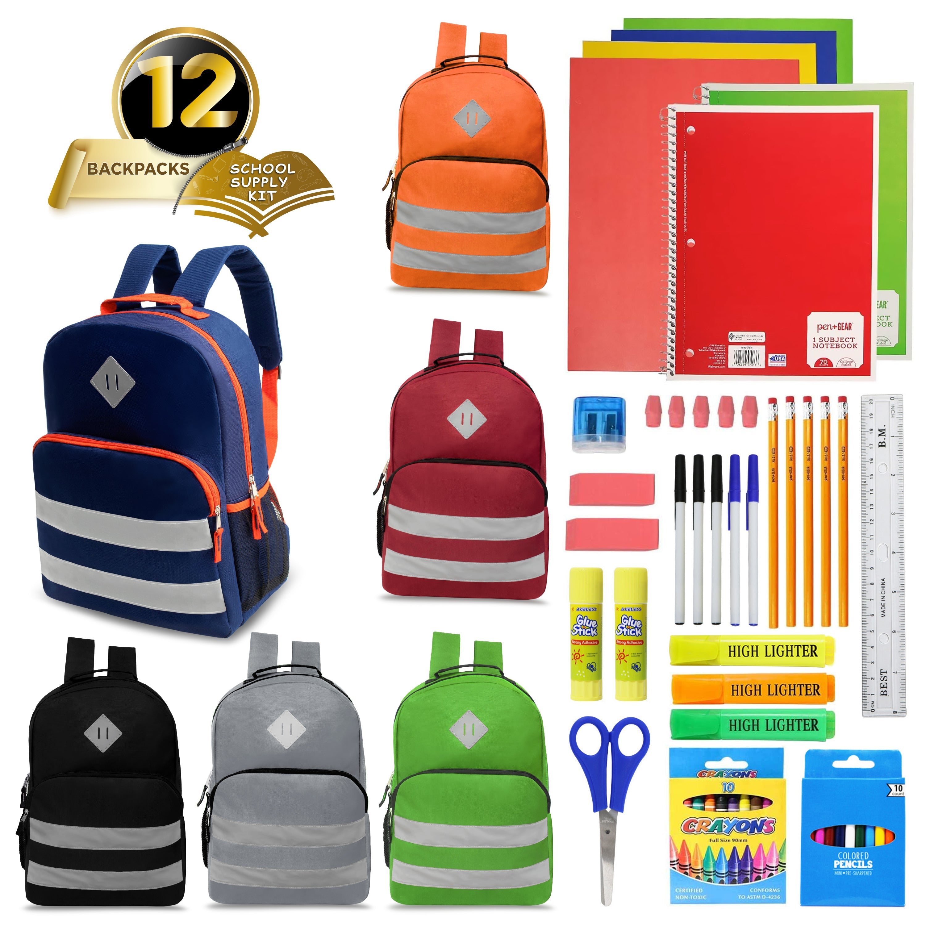 12 Wholesale 17" Reflective backpacks in Assorted Colors & 12 Bulk School Supply Kits of Your Choice