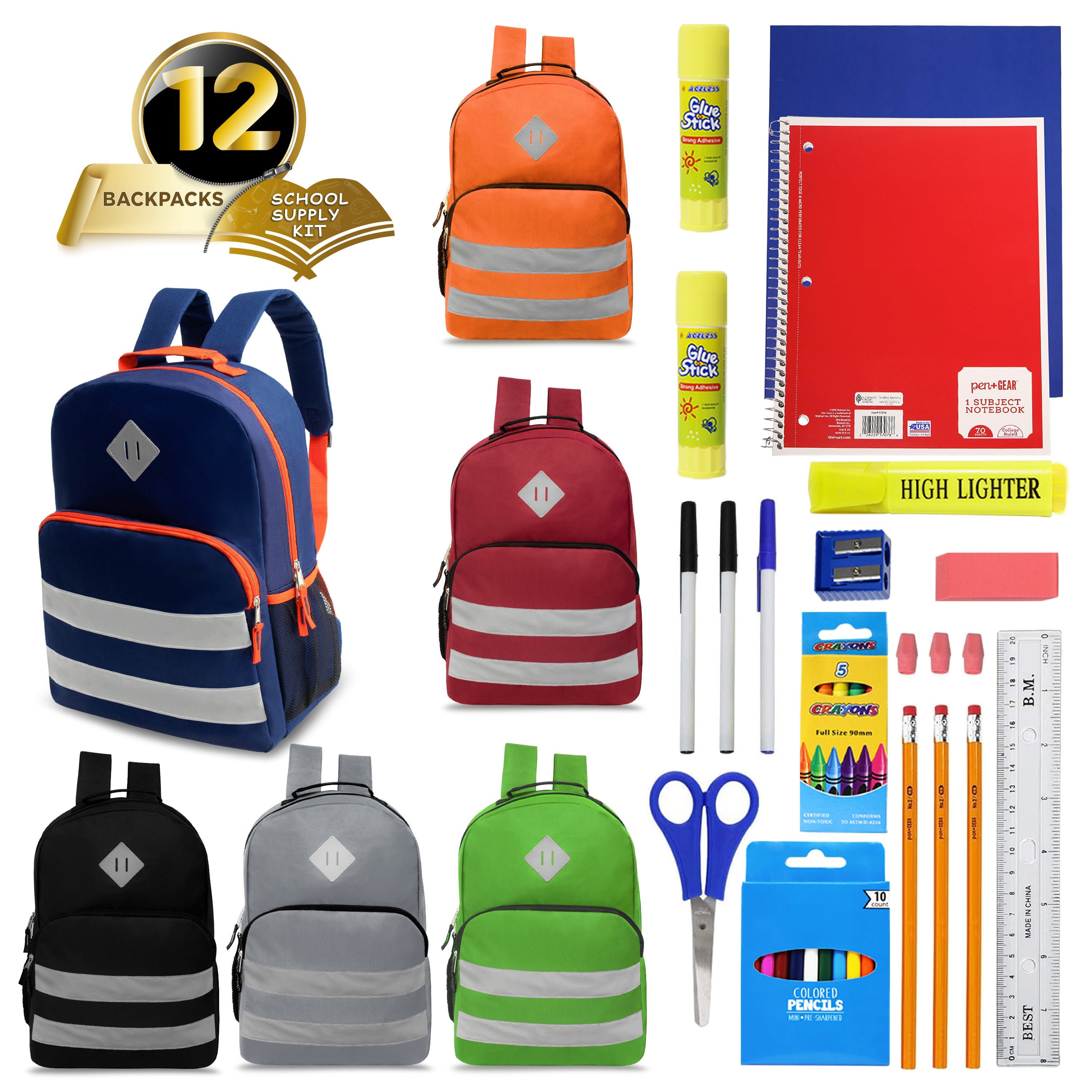 12 Wholesale 17" Reflective backpacks in Assorted Colors & 12 Bulk School Supply Kits of Your Choice