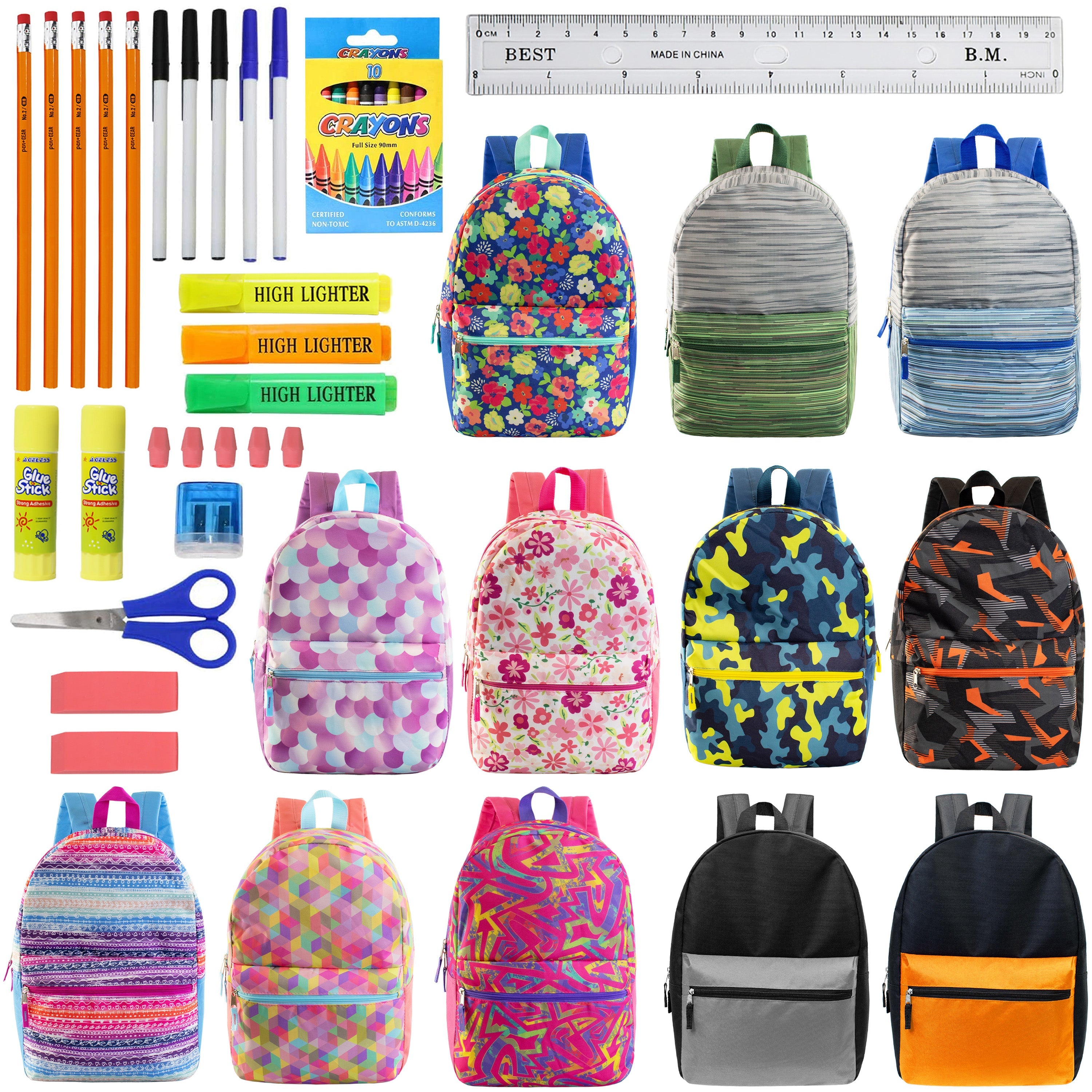 12 Wholesale 17" Backpacks in Assorted Designs & 12 Bulk School Supply Kits of Your Choice