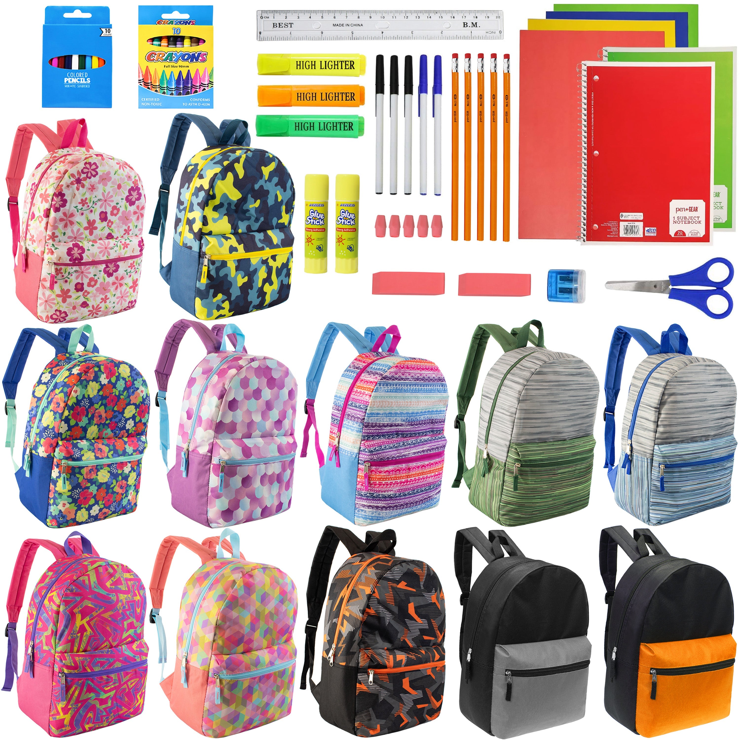 12 Wholesale 17" Backpacks in Assorted Designs & 12 Bulk School Supply Kits of Your Choice